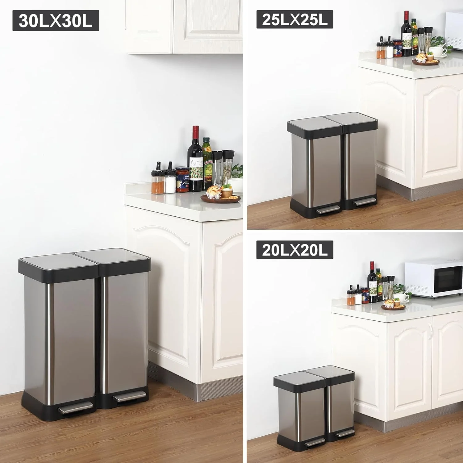 16 Gallon/ 60L Dual Kitchen Trash Can, 2x8 Gallon Stainless Steel Double Garbage Can with Inner Bucket, Two Compartment Step Recycle Bin with Soft-Close Lid for Kitchen, Office