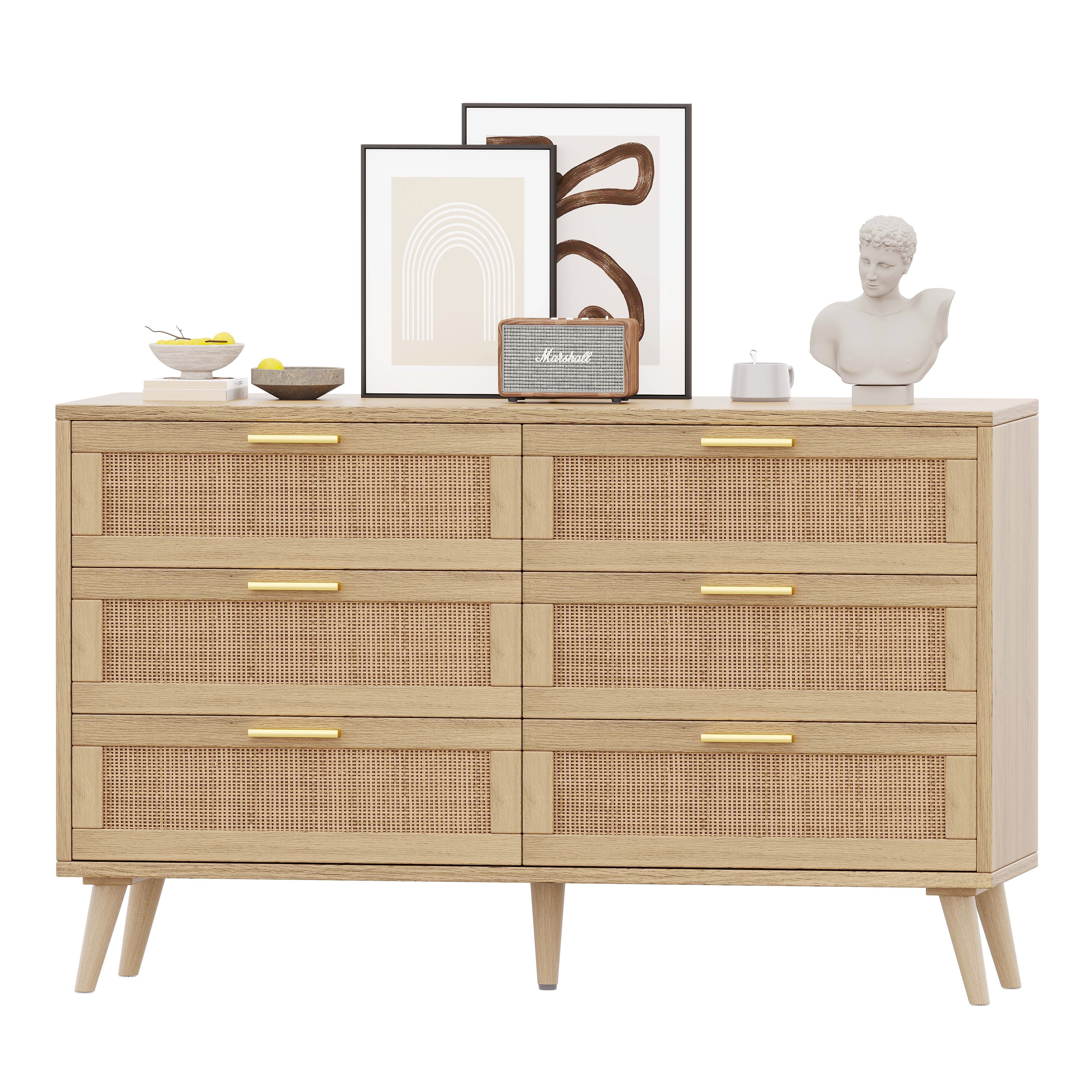 Rovaurx 6 Drawer Double Dresser Chest, Bedroom Chest of Dressers, Rattan Beside Table, Natural