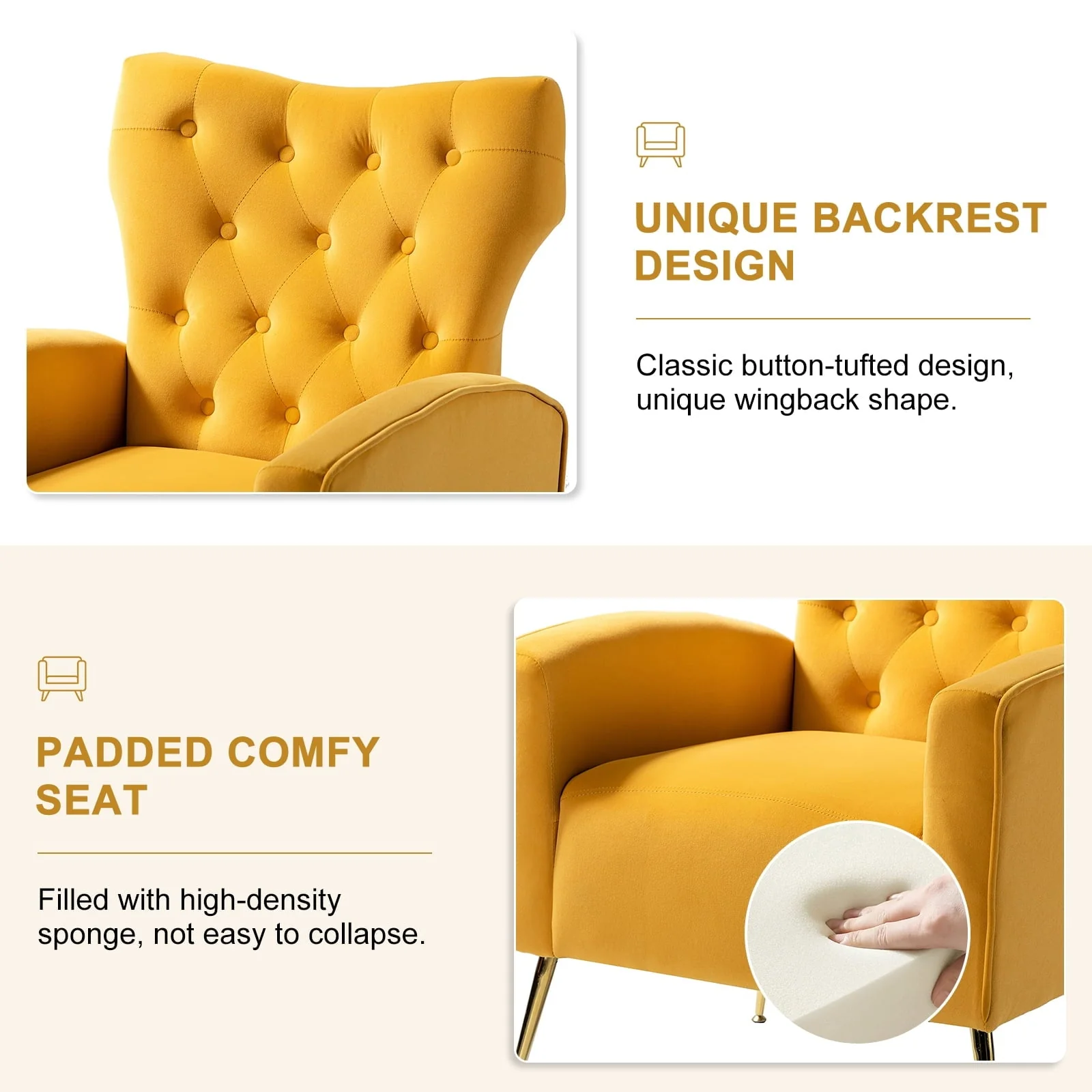 14 Karat Home Fall Home Decor Velvet Accent Chair Button Tufted Metal Legs Adult Living Room Mustard