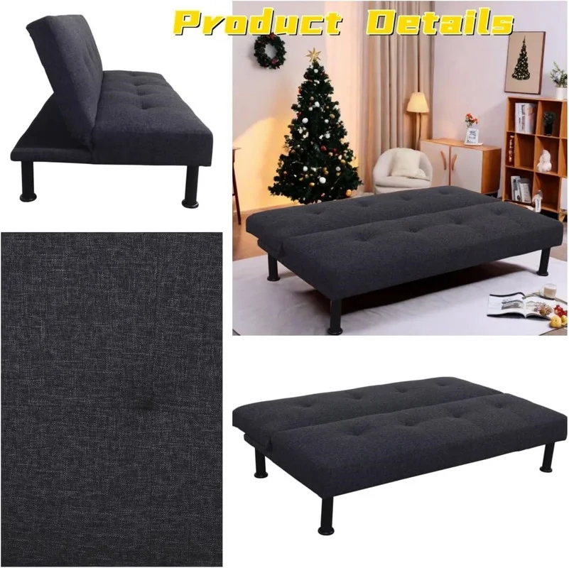 Couches for Living Room Upholstered Convertible Folding Futon Sofa Bed Modern Small Faux Leather Sleeper Sofa Love Seat for Bedroom, Apartment, Black