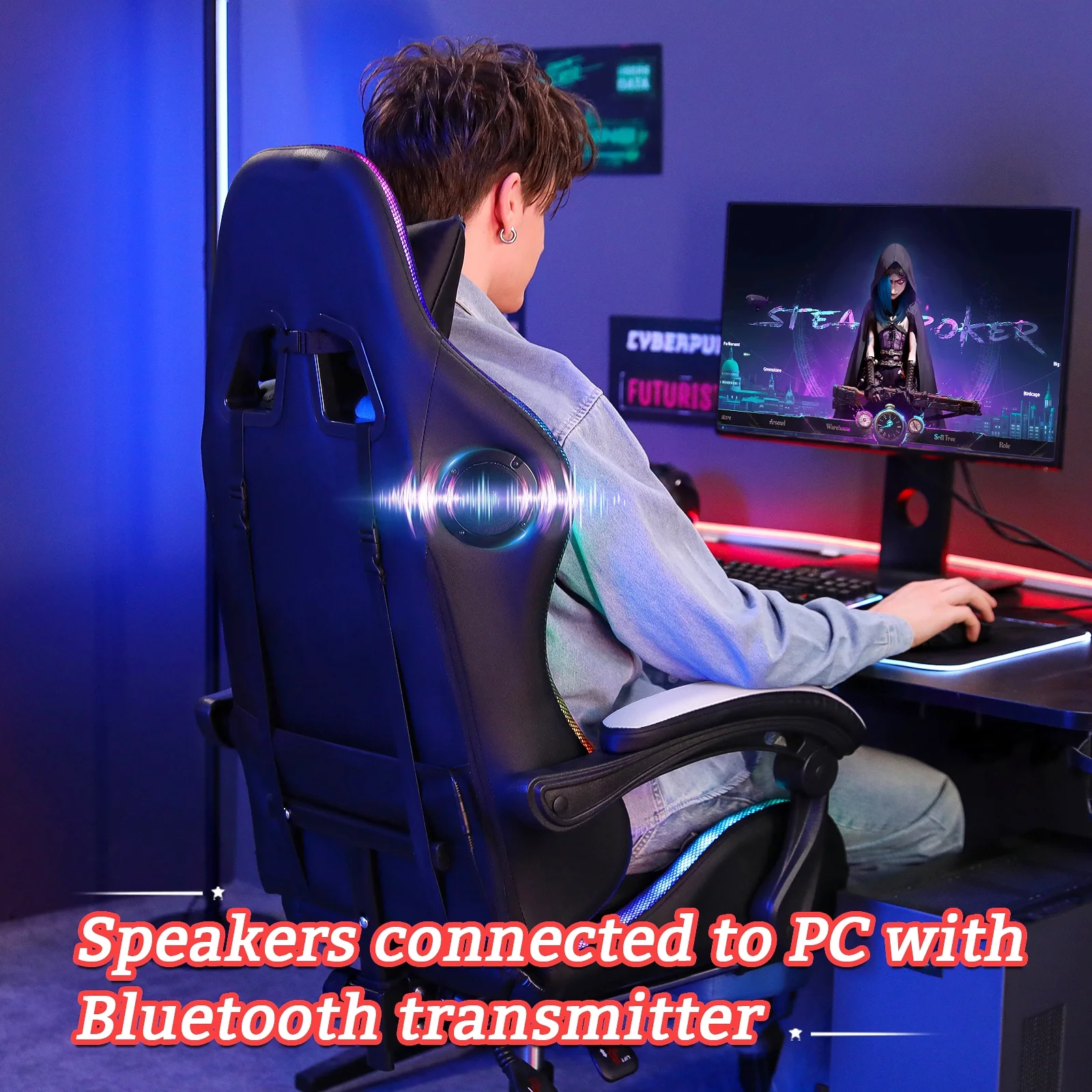 Hoffree Gaming Chair with Speakers PU Leather Office Chair with Footrest and LED Lights Ergonomic Gamer Chair with Massage Lumbar Support and Headrest Adjustable Swivel for Home Office 300lb