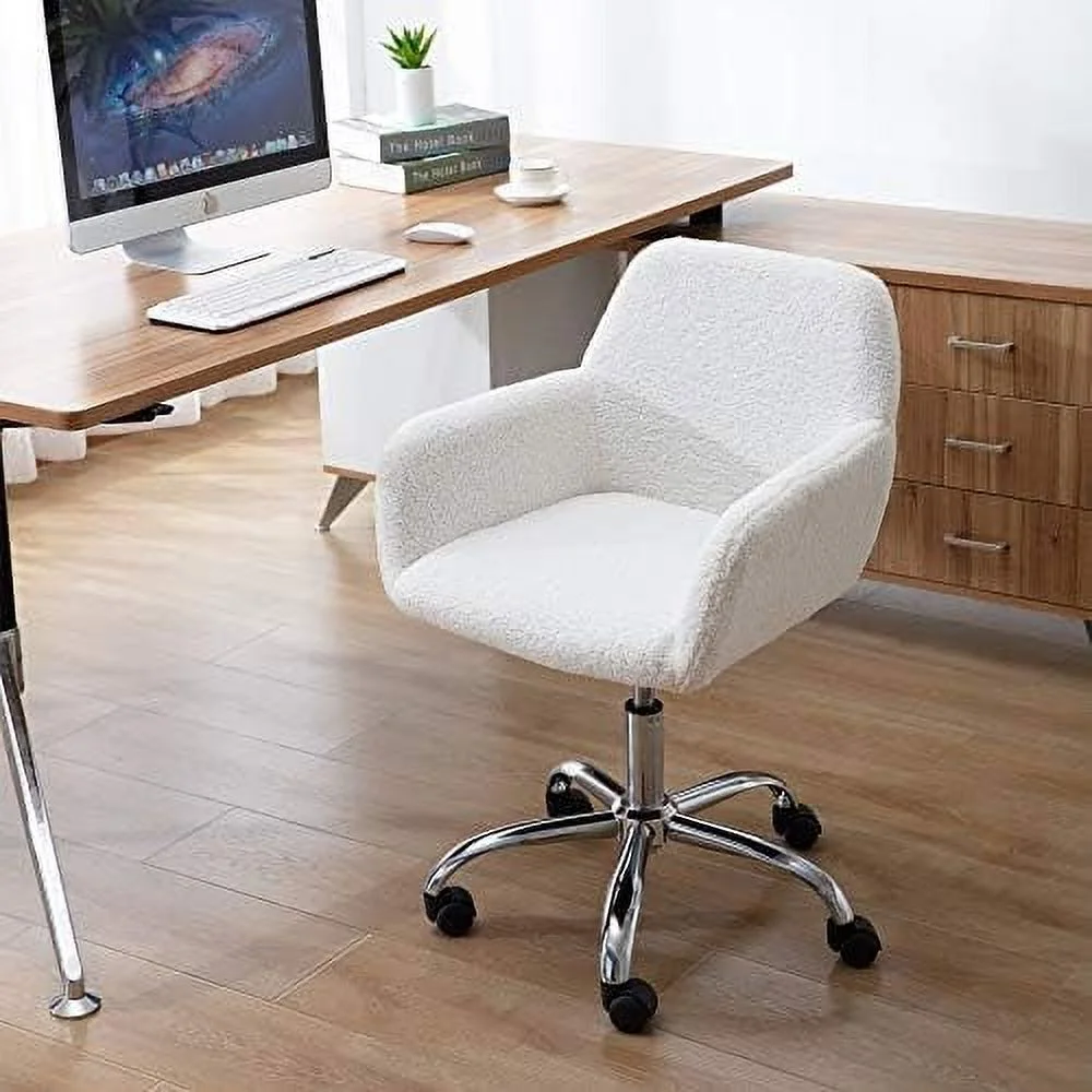 Modern Faux Fur Home Office Chair Height Adjustable, White Desk Chair Vanity Chair for Makeup Room, Rolling Desk Chairs with Wheels, Swivel Furry Cute Desk Chair for Teen Girls Women
