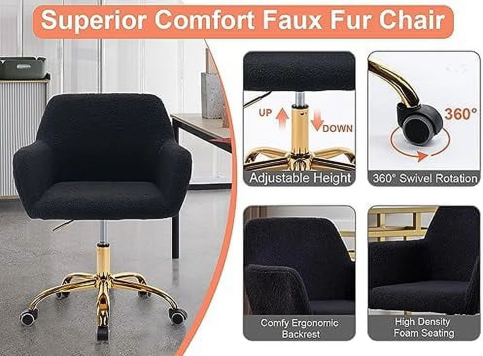 Modern Faux Fur Home Office Chair Height Adjustable, White Desk Chair Vanity Chair for Makeup Room, Rolling Desk Chairs with Wheels, Swivel Furry Cute Desk Chair for Teen Girls Women