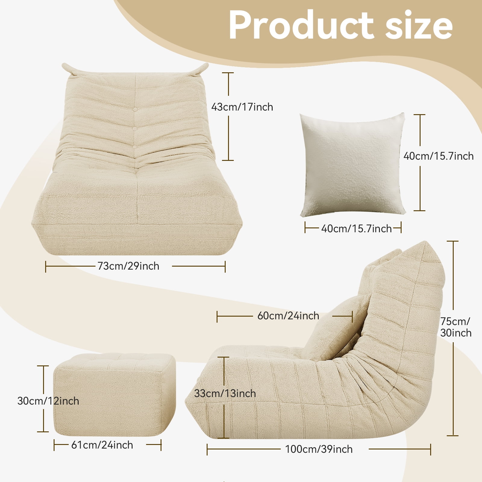 VFD Bean Bag Chairs for Adults, Beanbag Chair with Ottoman Lounge Sofa Memory Foam Comfy Reading Chair for Bedroom & Living Room, Lazy Floor Sofa Couch