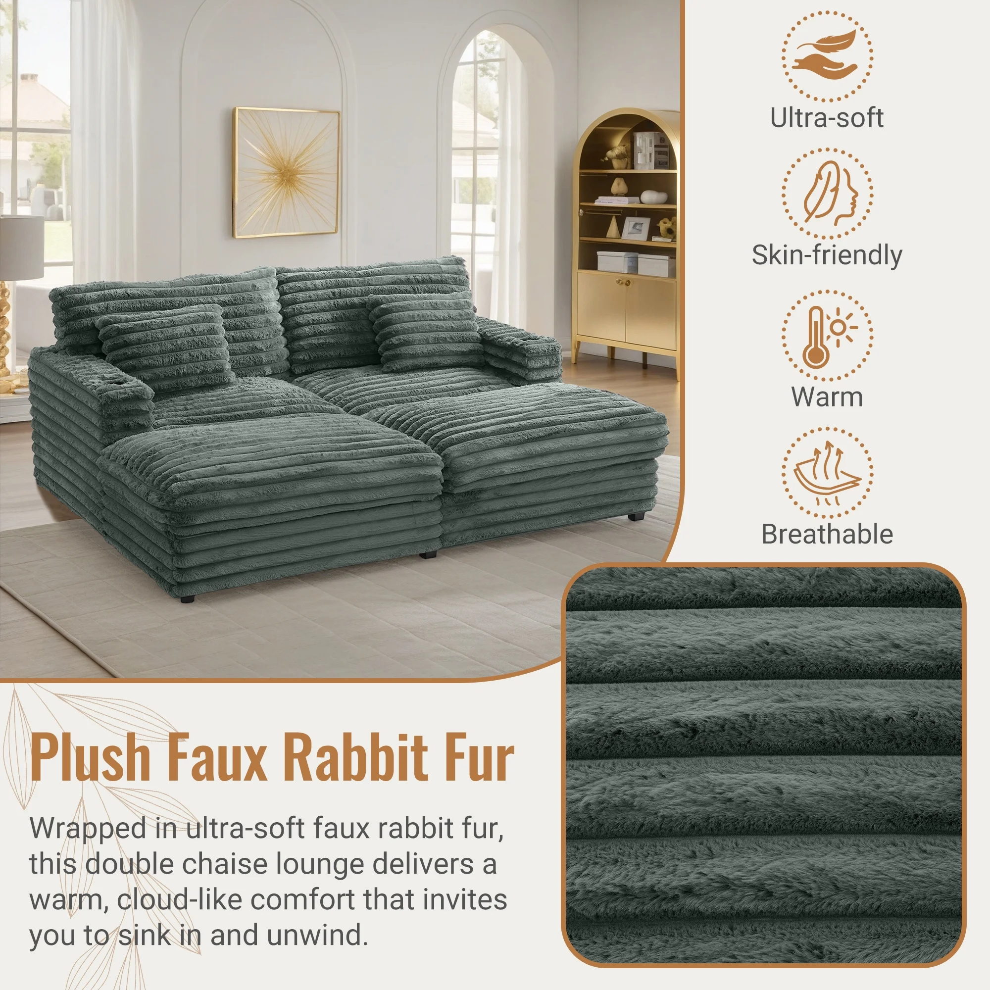 Oversized Double Chaise Lounge, Faux Fur Upholstered Deep Seat Sofa with 2 Pillows, 2 Cupholders, and Dual USB Ports
