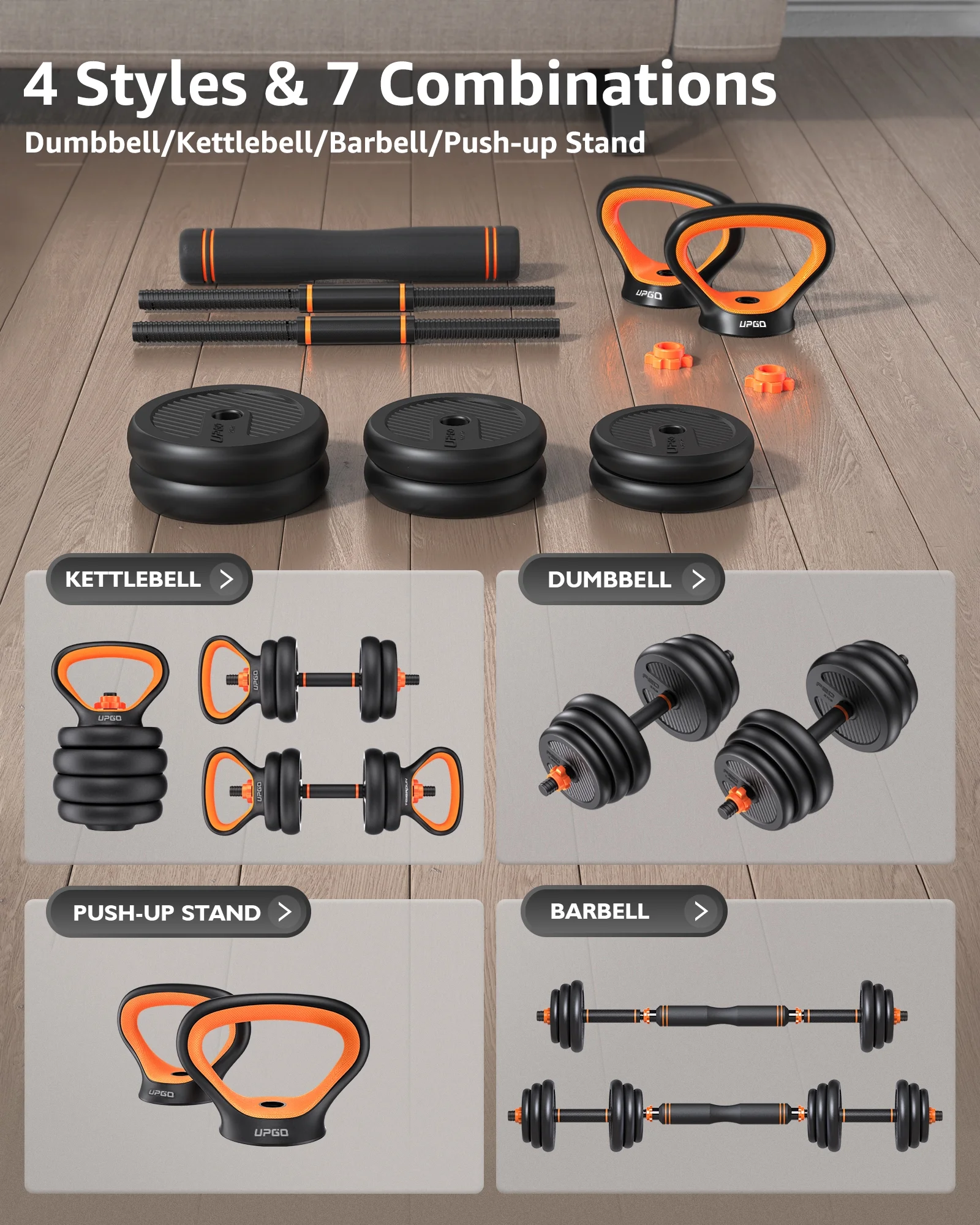 UPGO Adjustable Dumbbells, 70lbs Free Weight Set with Connector, 6 in1 Dumbbells Set as Barbell, Kettlebells, Push up Stand, Fitness Exercises for Home Gym Suitable Men/Women