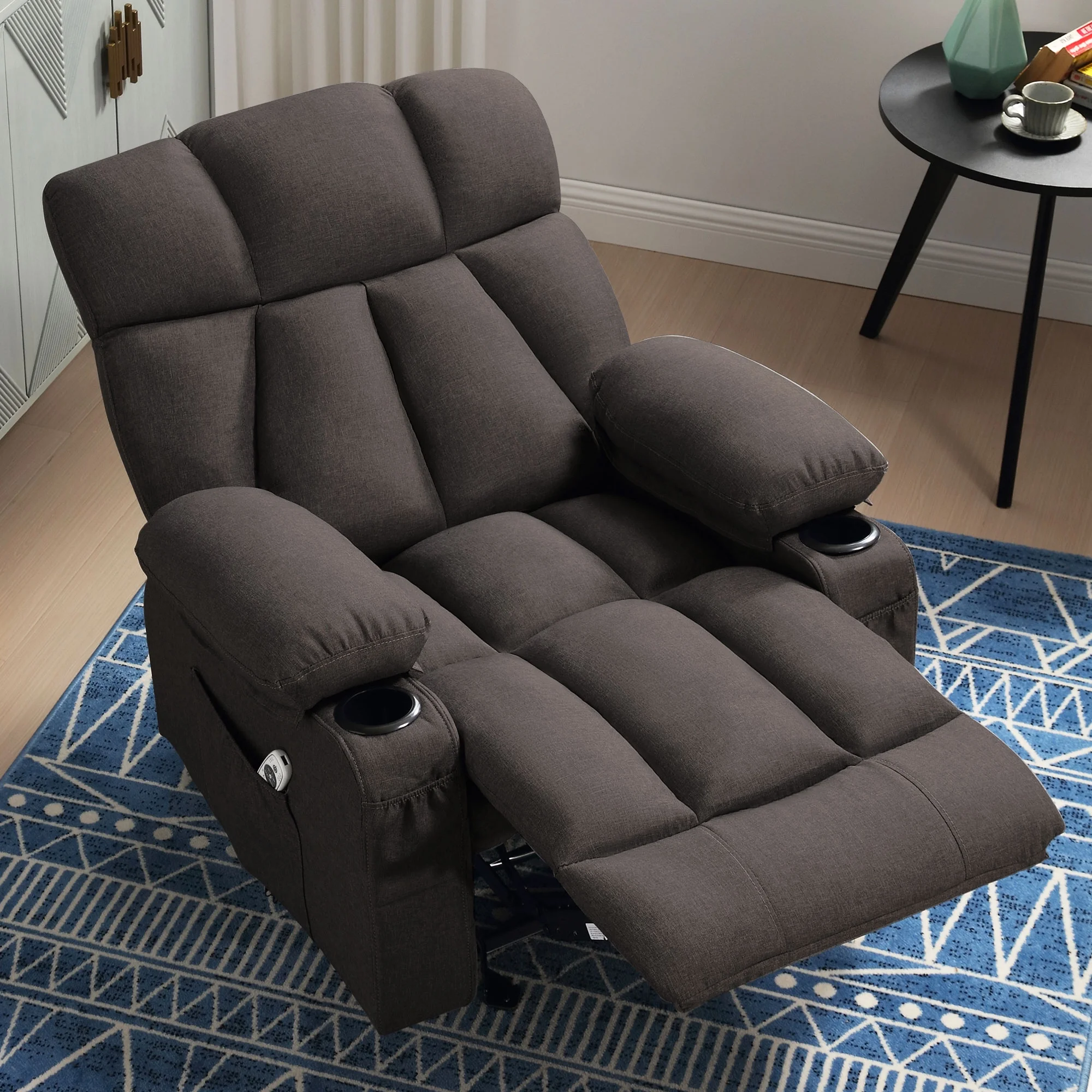 JONPONY Manual Recliner Chair with Heat Therapy and Massage Function, Heavy Duty Reclining Mechanism Massage Chair, Elderly Single Rocker Sofa with Cup Holders for Bedroom Home Theater,Grey