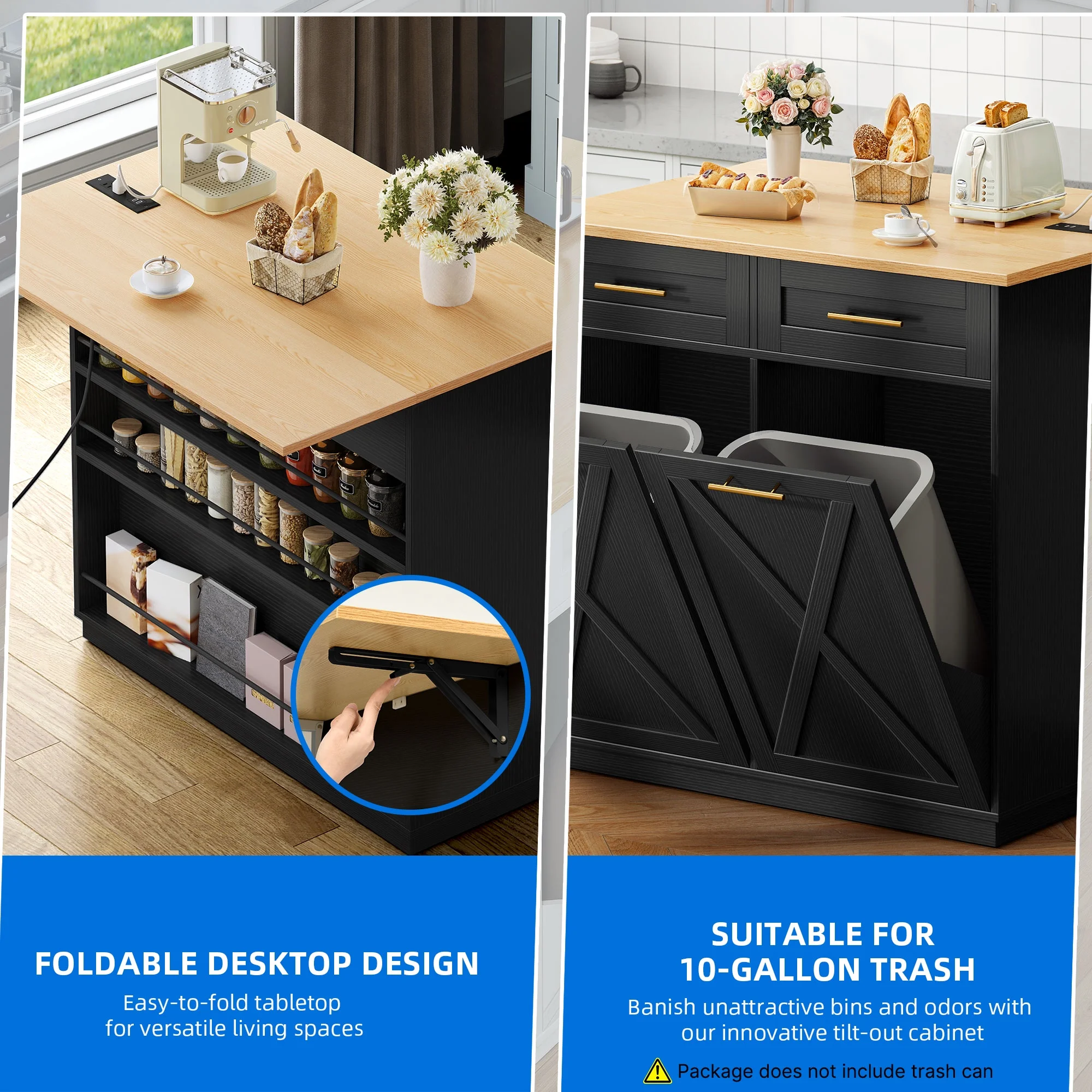 DEXTRUS Kitchen Island Cart with Drop Leaf & Power Outlets, Kitchen Island with 2 Trash Can Cabinets & Storage Shelves, Black