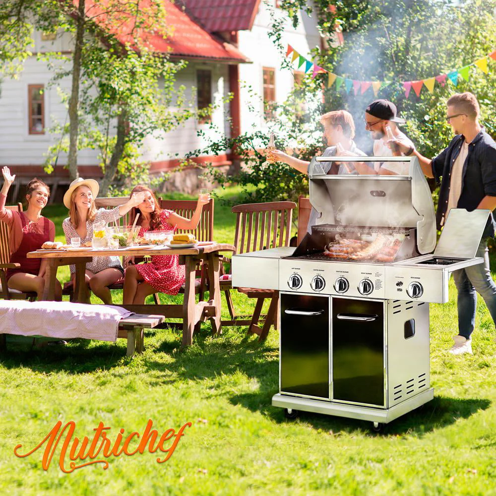 Heavy-Duty 5-Burner Propane Gas Grill - Stainless Steel Grill, 4 Main Burner with 1 side burner, 52,000 BTU Grilling Capacity, Electronic Ignition System, Built-in Thermometer - NutriChef NCGRIL2