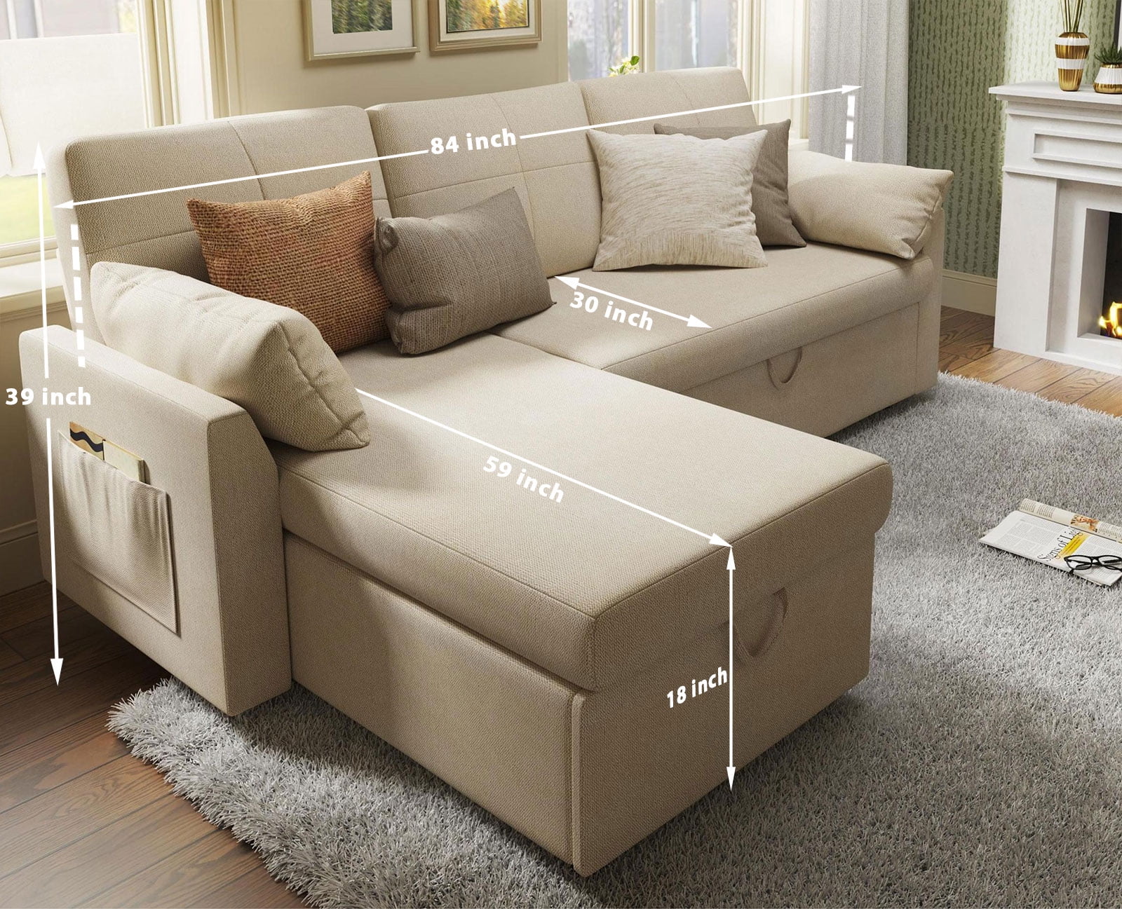 VANACC Sofa Bed, Adult Sleeper Sofa with Storage Chaise, Pull Out Couch for Bed Room, Gray Chenille