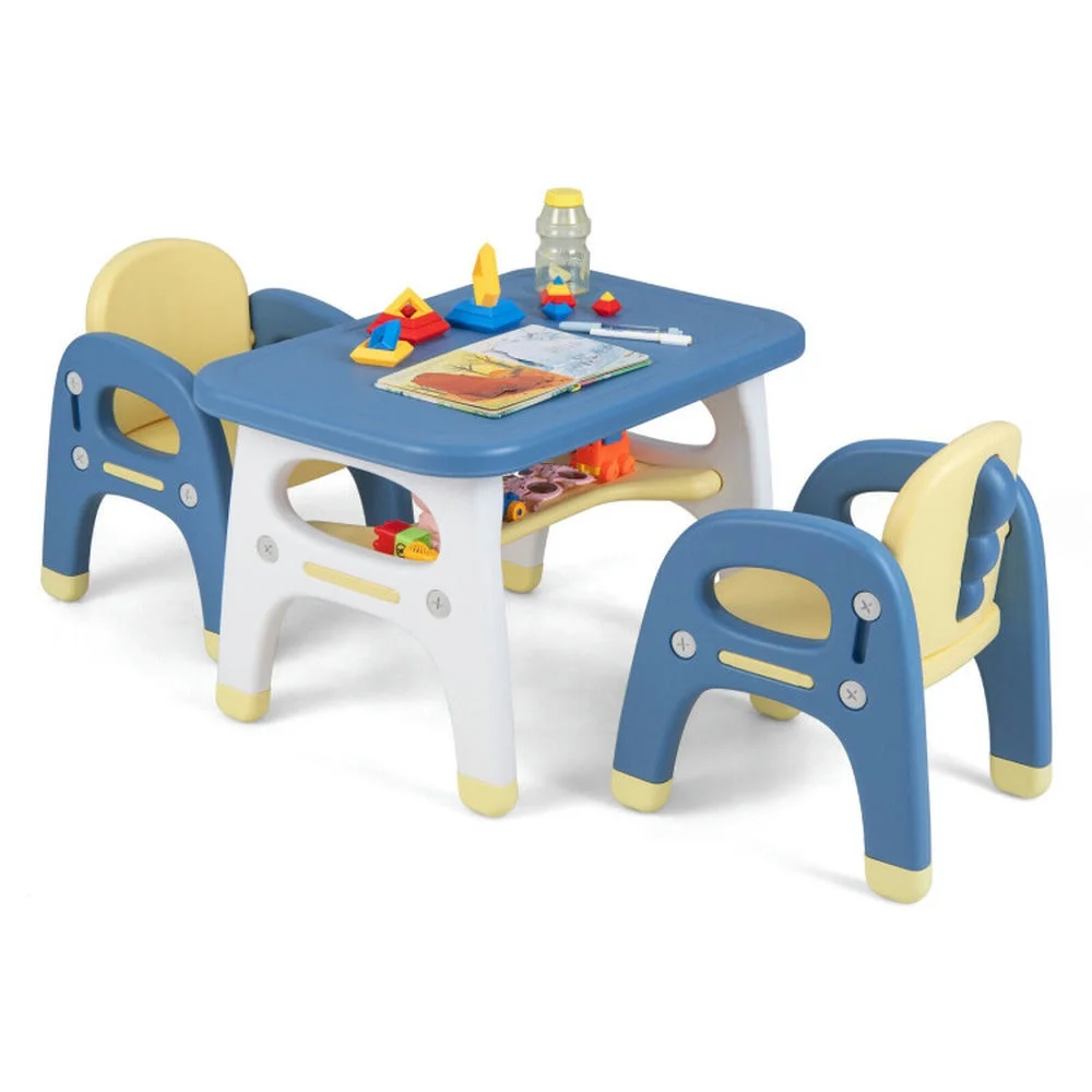 Spaco Kids Table and 2 Chairs Set with Storage Shelf and Building Blocks-Blue, Toddler Table and Chair Set for Arts & Crafts, Snack Time, Homeschooling, Homework