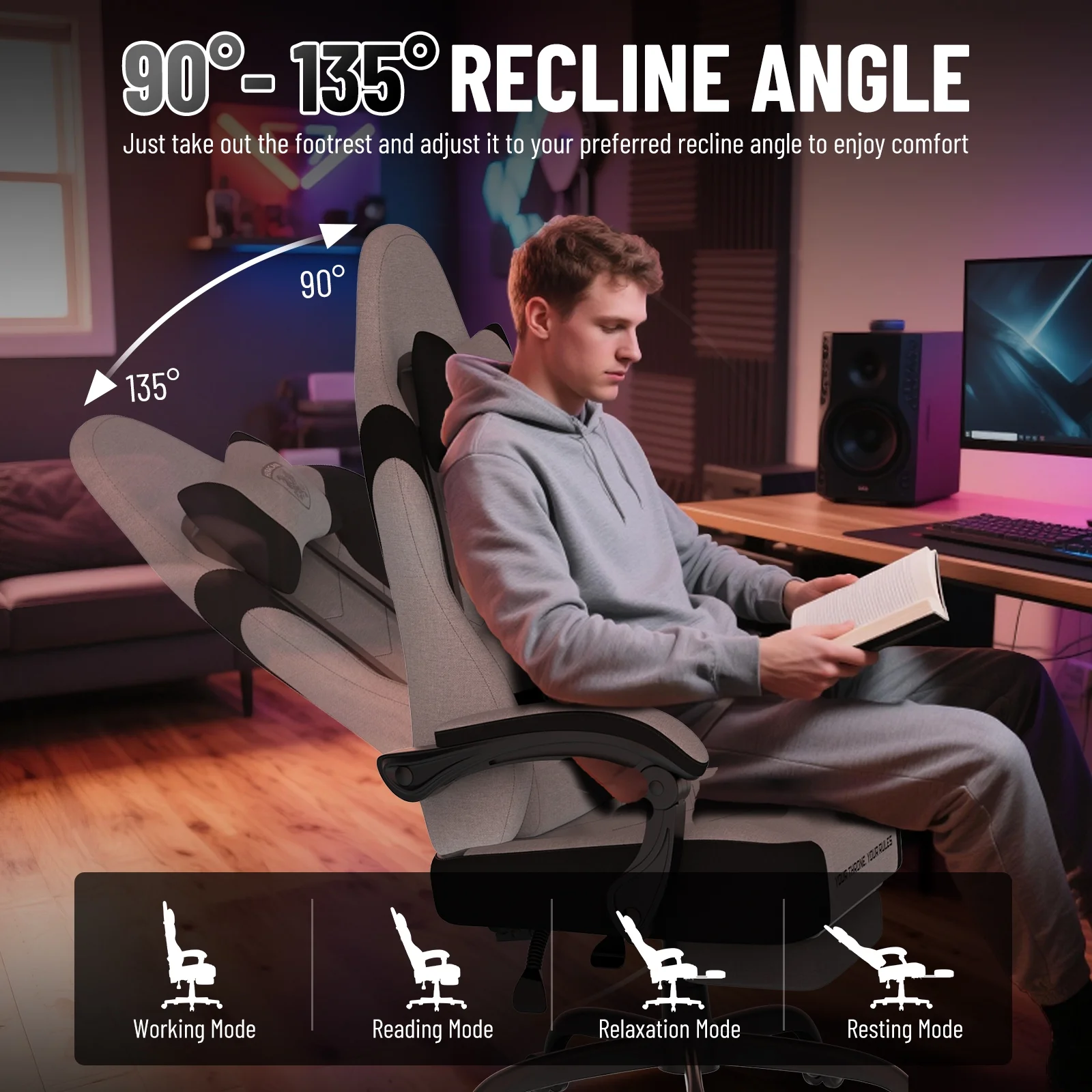 SOONTRANS Gaming Chair for Adults, Ergonomic Linen Fabric Computer Chair with Massage Lumbar Pillow, Gamer Game Chair with Adjustable Headrest, Comfortable Office Chair for Home, White