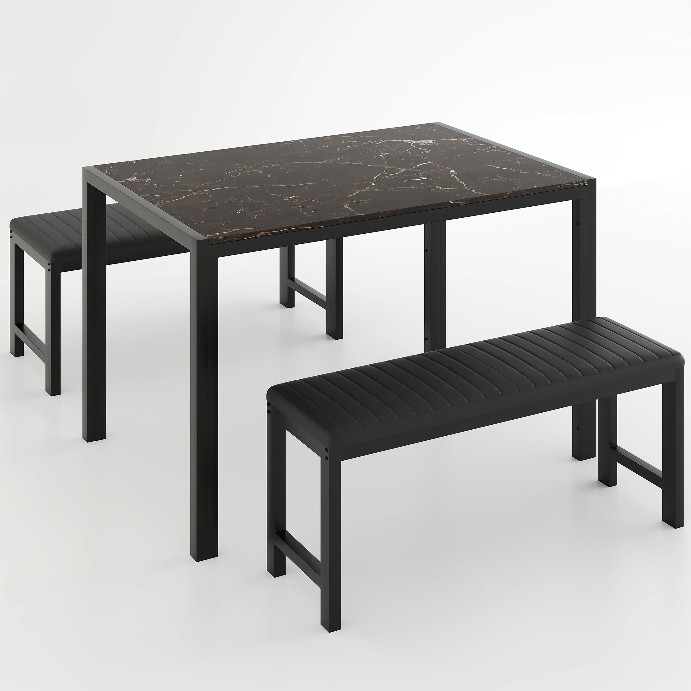 UHOMEPRO Dining Room Table Set, 3-Piece Dining Table Set with 2 Benches, Kitchen Table Set for 4 with Metal Frame, Modern Dining Room Set Furniture Set for Bar Dining Room Breakfast Nook, Black