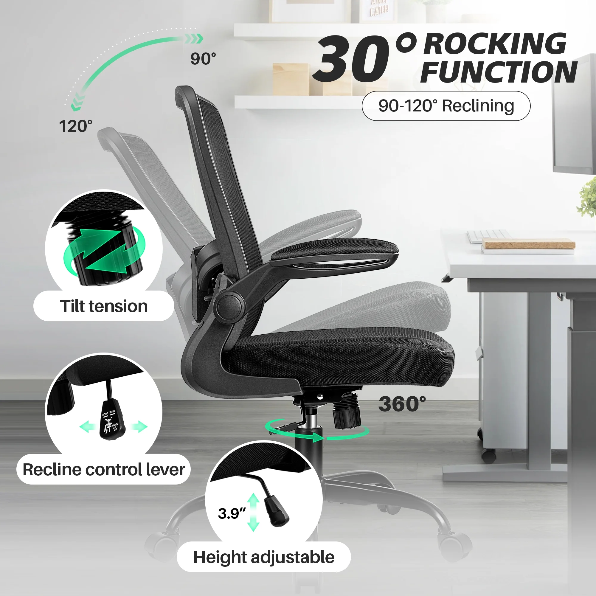 COOLHUT Ergonomic Office Chair, 400LBS Task Chair, Comfort Desk Chair with Adjustable Lumbar Support and Flip up Arms, Black