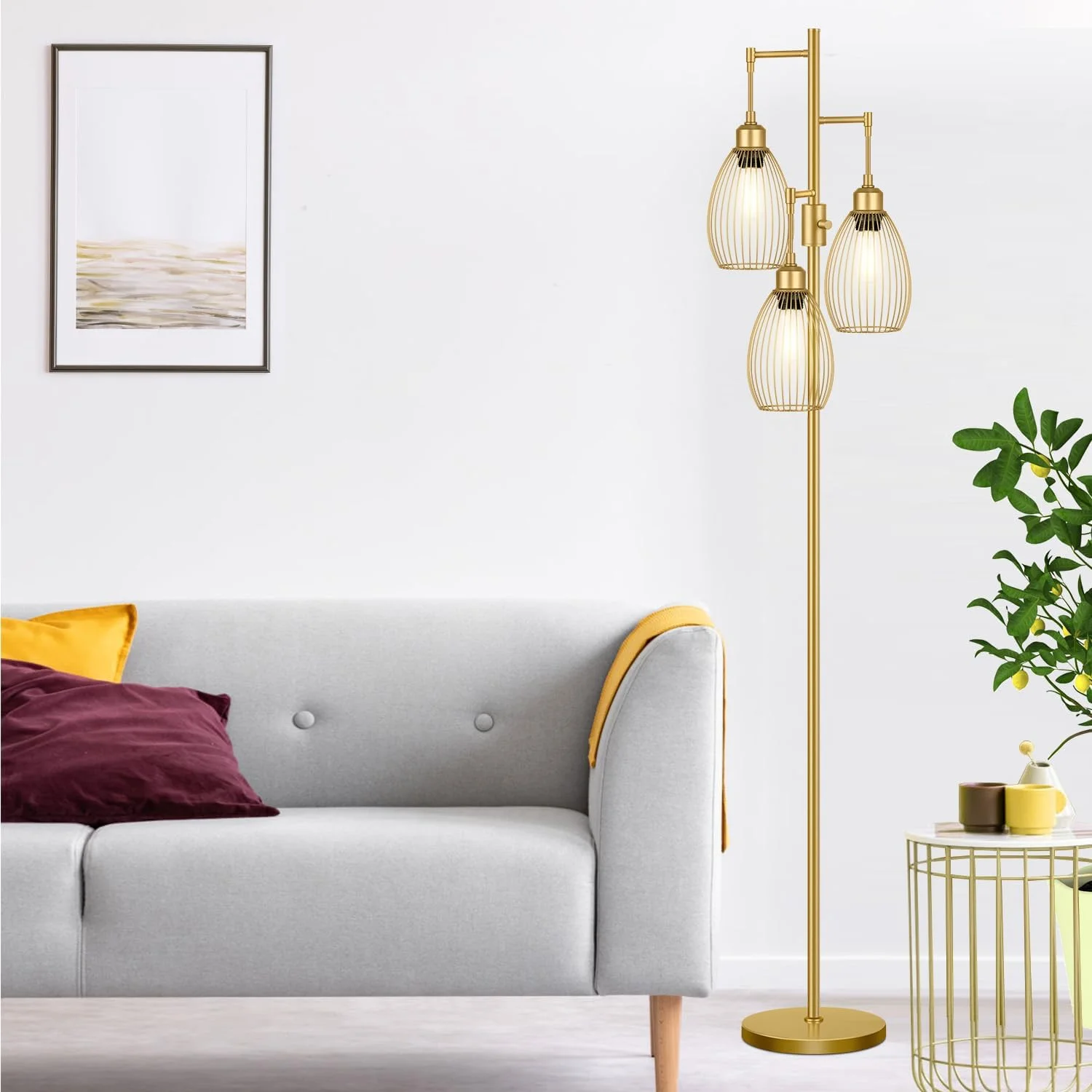 Dimmable Floor Lamp, 3 x 800LM LED Edison Bulbs Included, Farmhouse Industrial Floor Lamp Standing Tree Lamp with Elegant Teardrop Cage Tall Lamps for Living Room Bedroom Office Dining Room