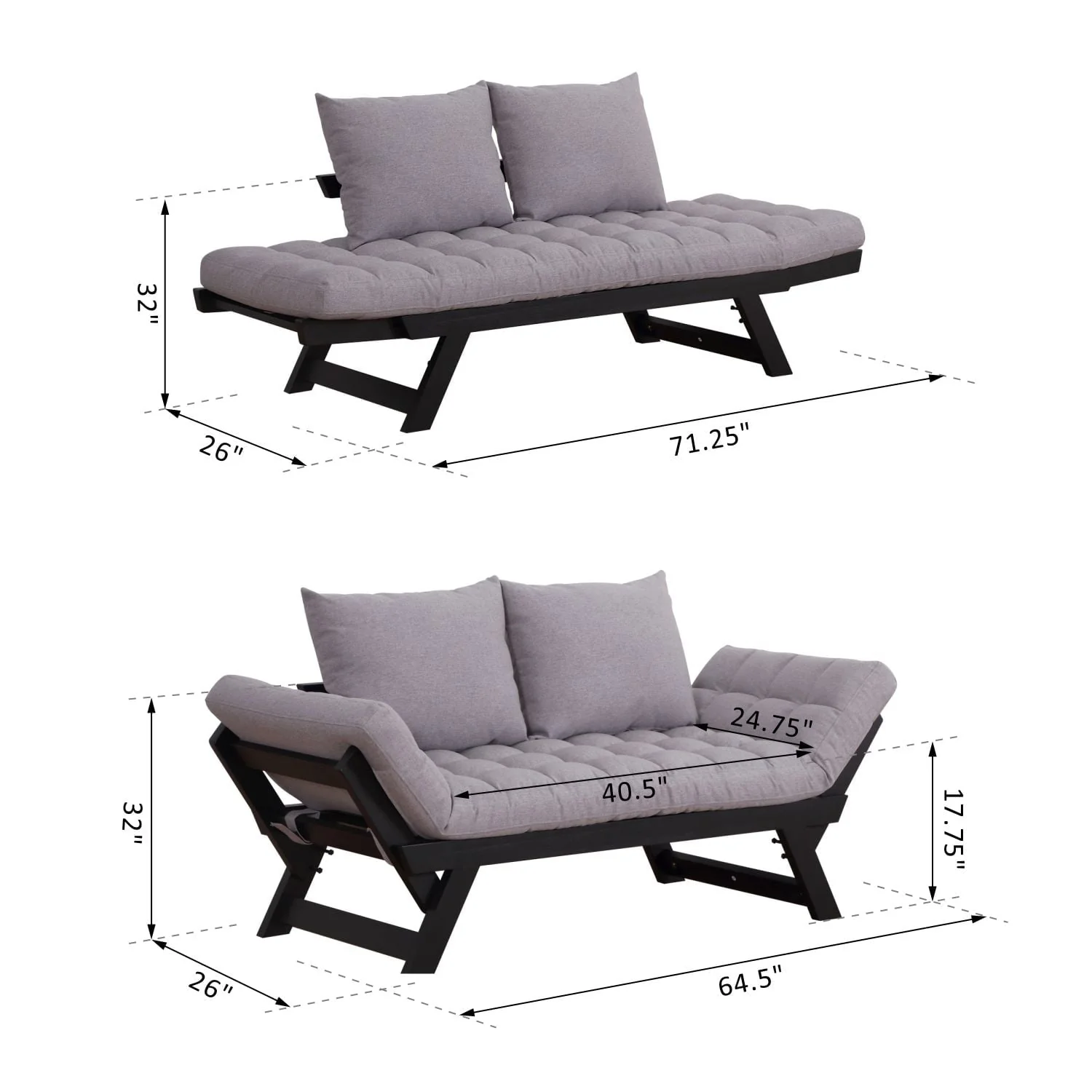 Homcom Single Person 3 Position Convertible Couch Chaise Lounger Sofa Bed, Light Grey