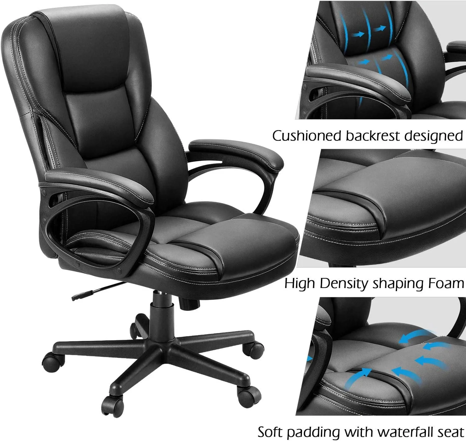 Vineego High Back PU Leather Executive Office Desk Chair Adjustable Business Manager’s Chair Ergonomic swivel Computer Chair with Lumbar Support and Armrest, Black