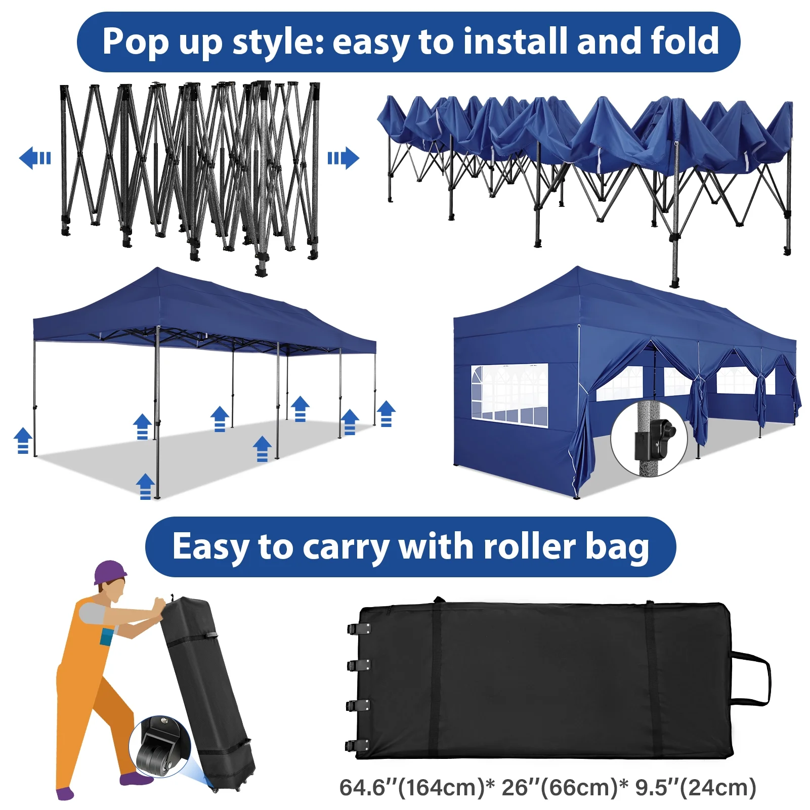 SANOPY 10'x30' Canopy Heavy Duty Pop Up Canopy Tent Outdoor Gazebo Shelter Portable Instant Commercial Wedding Party Tent with 8 Removable Sidewalls&3 Heigh Adjustable&Roller Bag,Dark Blue