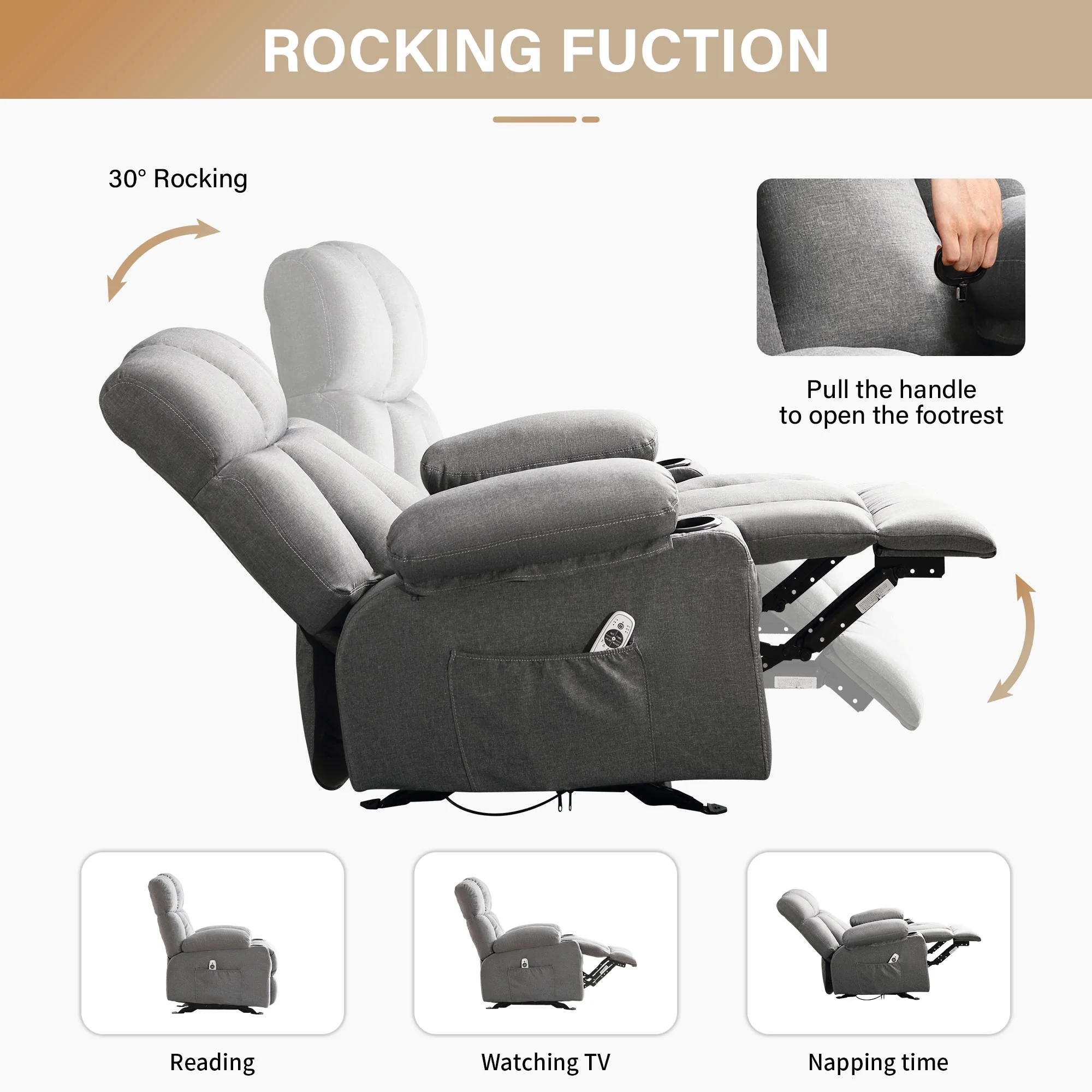 JONPONY Manual Recliner Chair with Heat Therapy and Massage Function, Heavy Duty Reclining Mechanism Massage Chair, Elderly Single Rocker Sofa with Cup Holders for Bedroom Home Theater,Grey