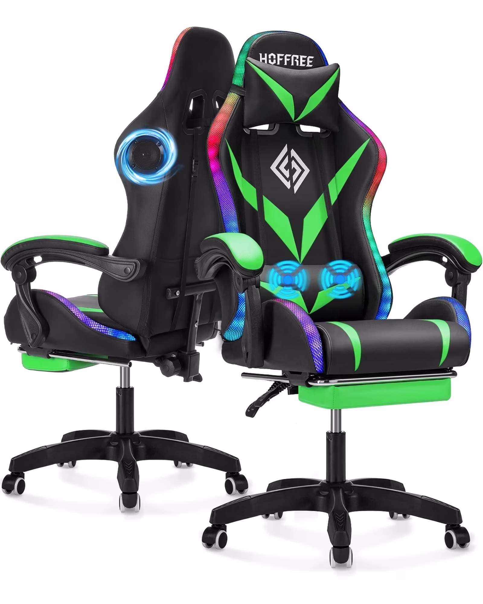 Hoffree Gaming Chair with Speakers PU Leather Office Chair with Footrest and LED Lights Ergonomic Gamer Chair with Massage Lumbar Support and Headrest Adjustable Swivel for Home Office 300lb