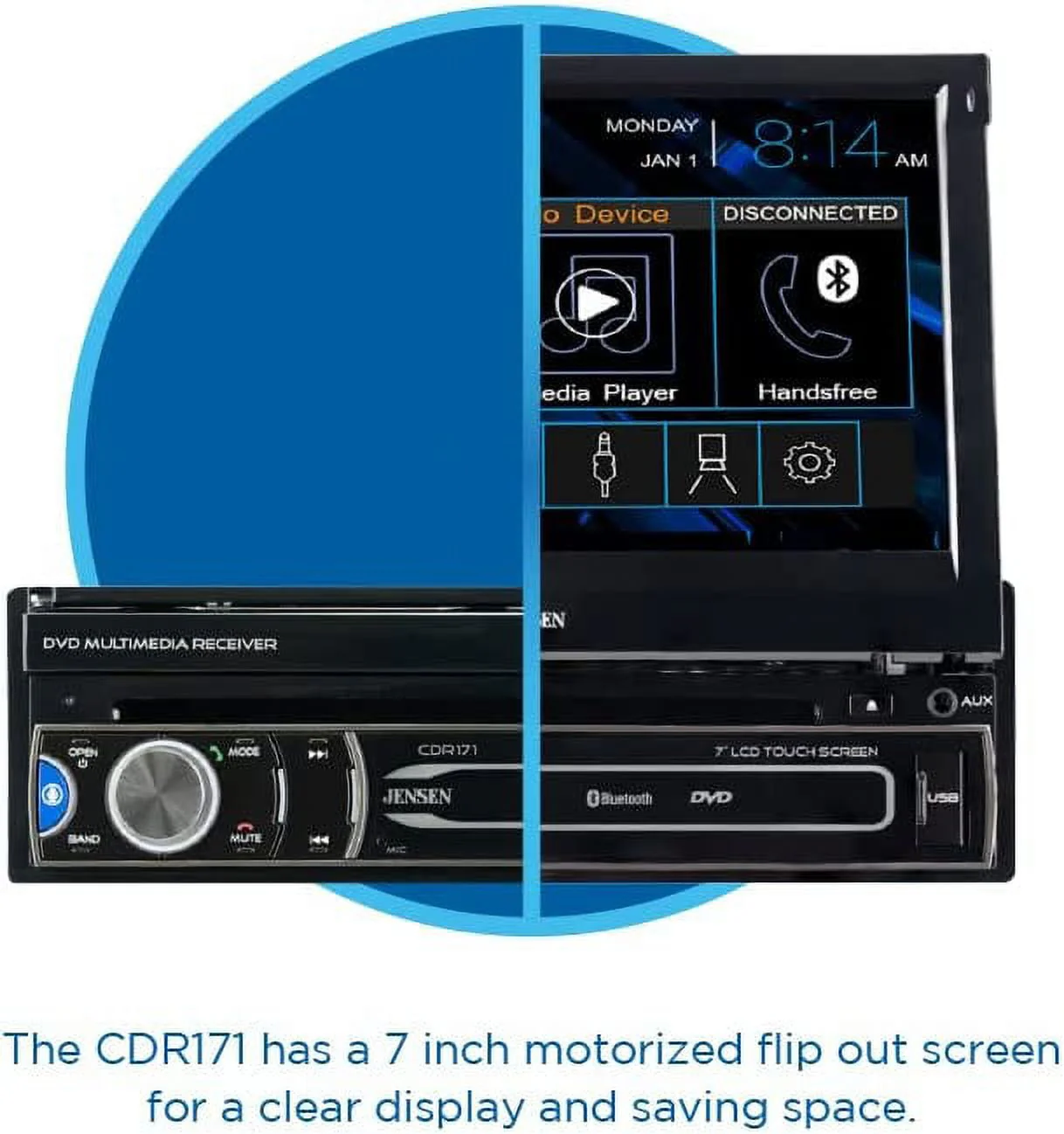 JENSEN CDR171 7 inch Single DIN Car Stereo Radio | AM/FM Motorized Flip Out LED Media Touch Screen