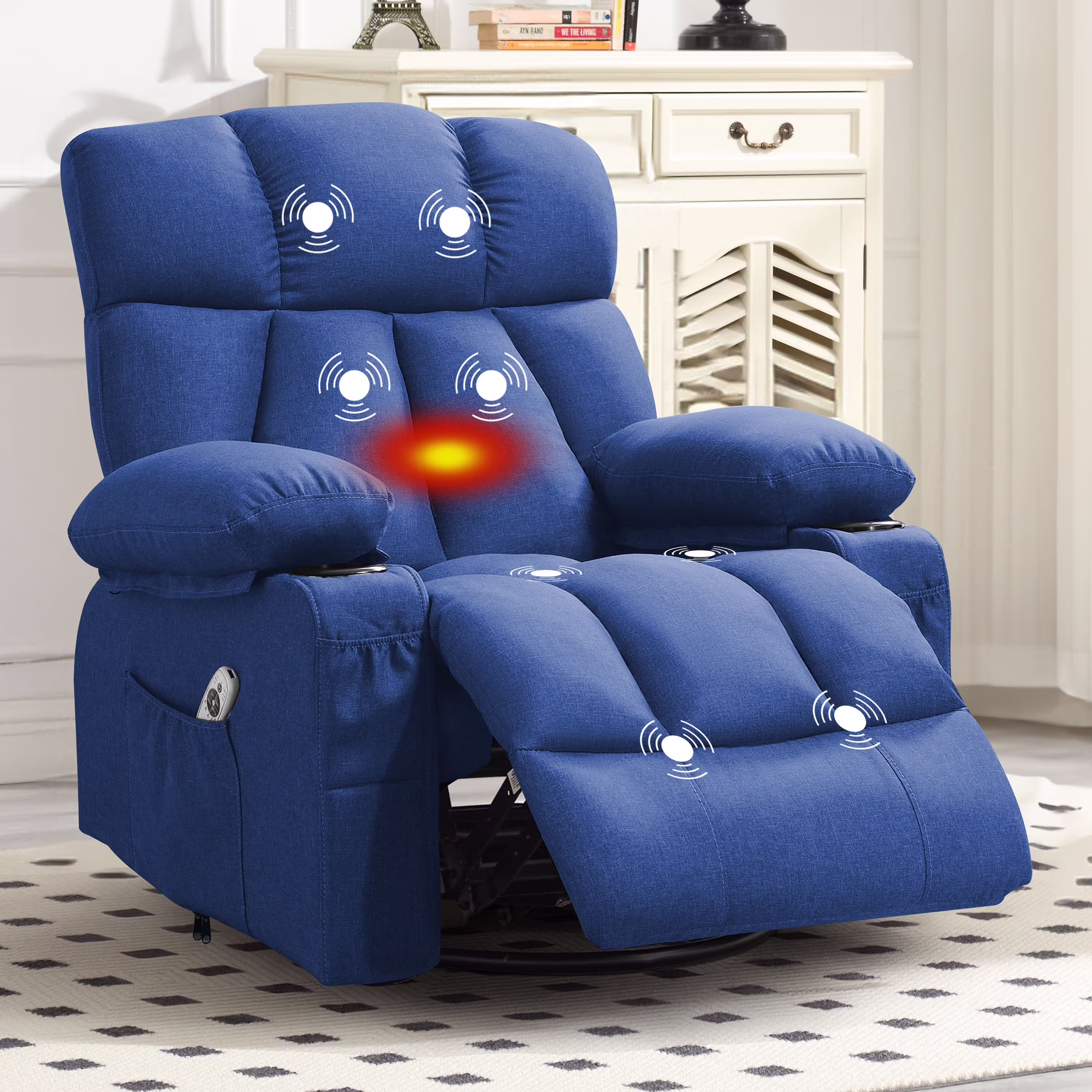 JONPONY Manual Recliner Chair with Heat Therapy and Massage Function, Heavy Duty Reclining Mechanism Massage Chair, Elderly Single Rocker Sofa with Cup Holders for Bedroom Home Theater,Grey