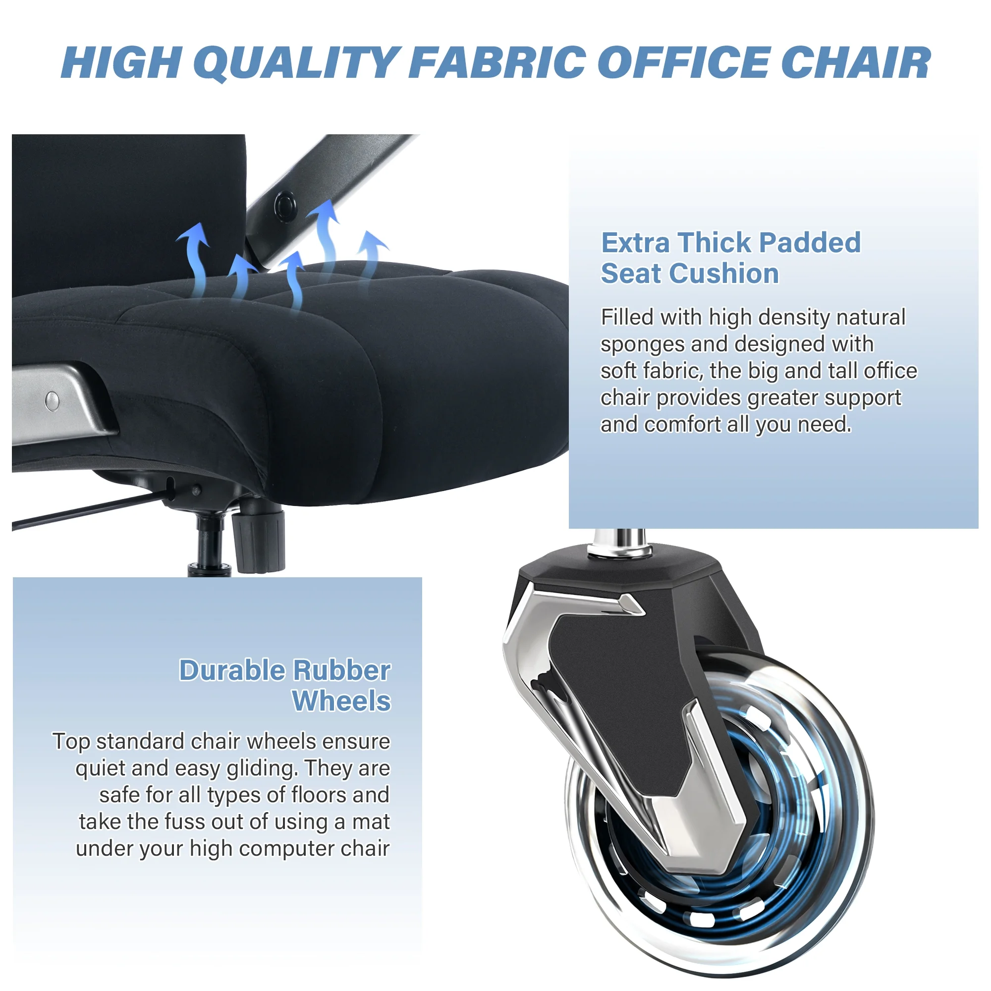 Big and Tall 700lbs Office Chair, Ultra-Soft Fabric Executive Desk Chair, Ergonomic Computer Chair with 3D Flip Up Arms, Adjustable Lumbar Support, Heavy Duty Metal Base and Quiet Rubber Wheel, Black