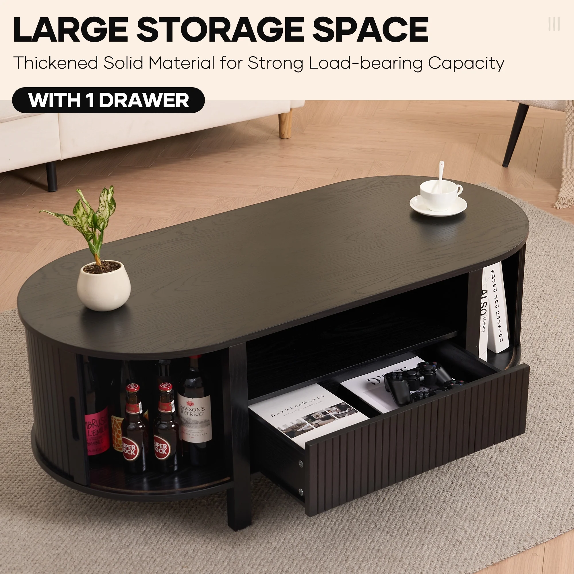 MARNUR Coffee Table with Storage, Tambour Sliding Door, Open Shelf, Mid Century Modern Center Table with Drawer for Living Room, Walnut