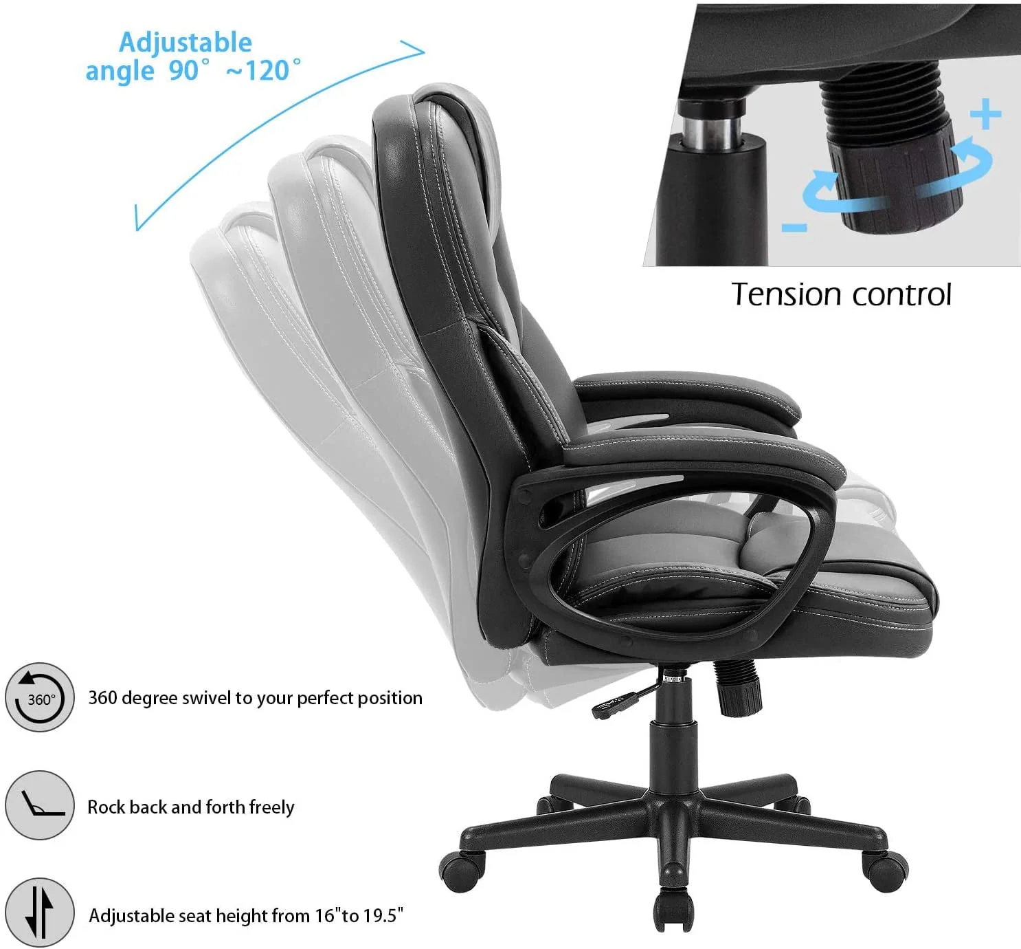 Vineego High Back PU Leather Executive Office Desk Chair Adjustable Business Manager’s Chair Ergonomic swivel Computer Chair with Lumbar Support and Armrest, Black
