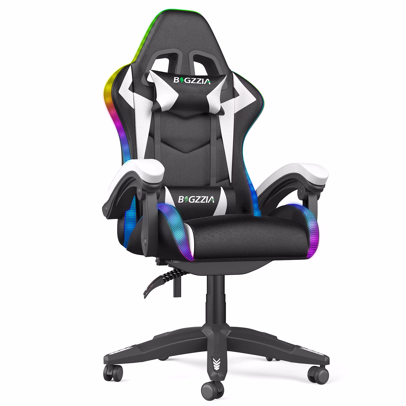 Bigzzia Gaming Chair with LED Lights Ergonomic Office Chair for Adults and Kids - Adjustable Height, 360�� Swivel, Headrest Support, Mesh PU Leather, Black & Green