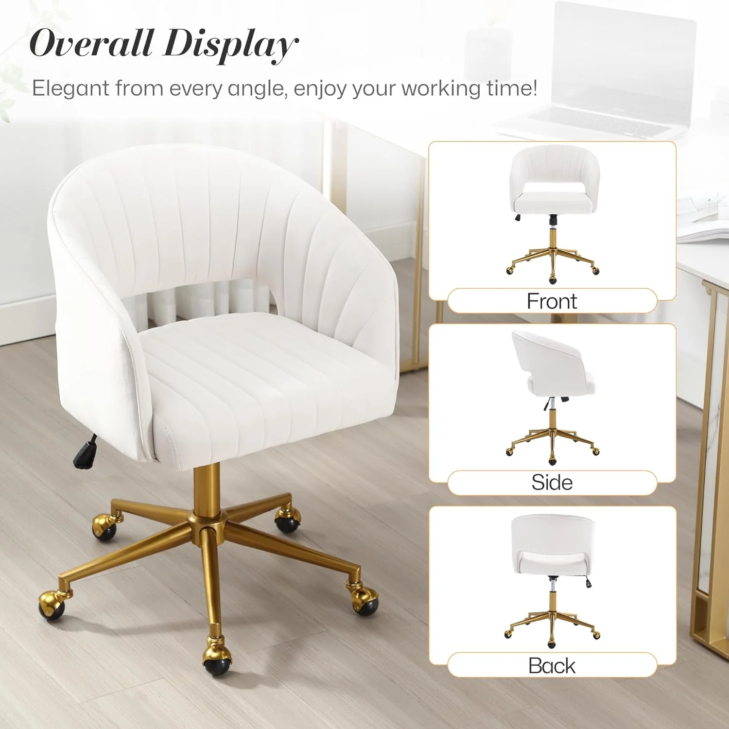 Home Office Swivel Desk Chair, Modern Velvet Vanity Chair, Height Adjustable Armchair with Gold Base, Ergonomic Office Chair for Task Study Computer Room, Beige