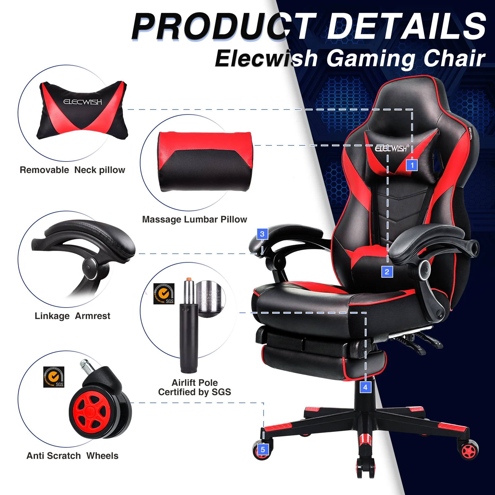 Elecwish Adjustable & Ergonomic Swivel Gaming Chair, White