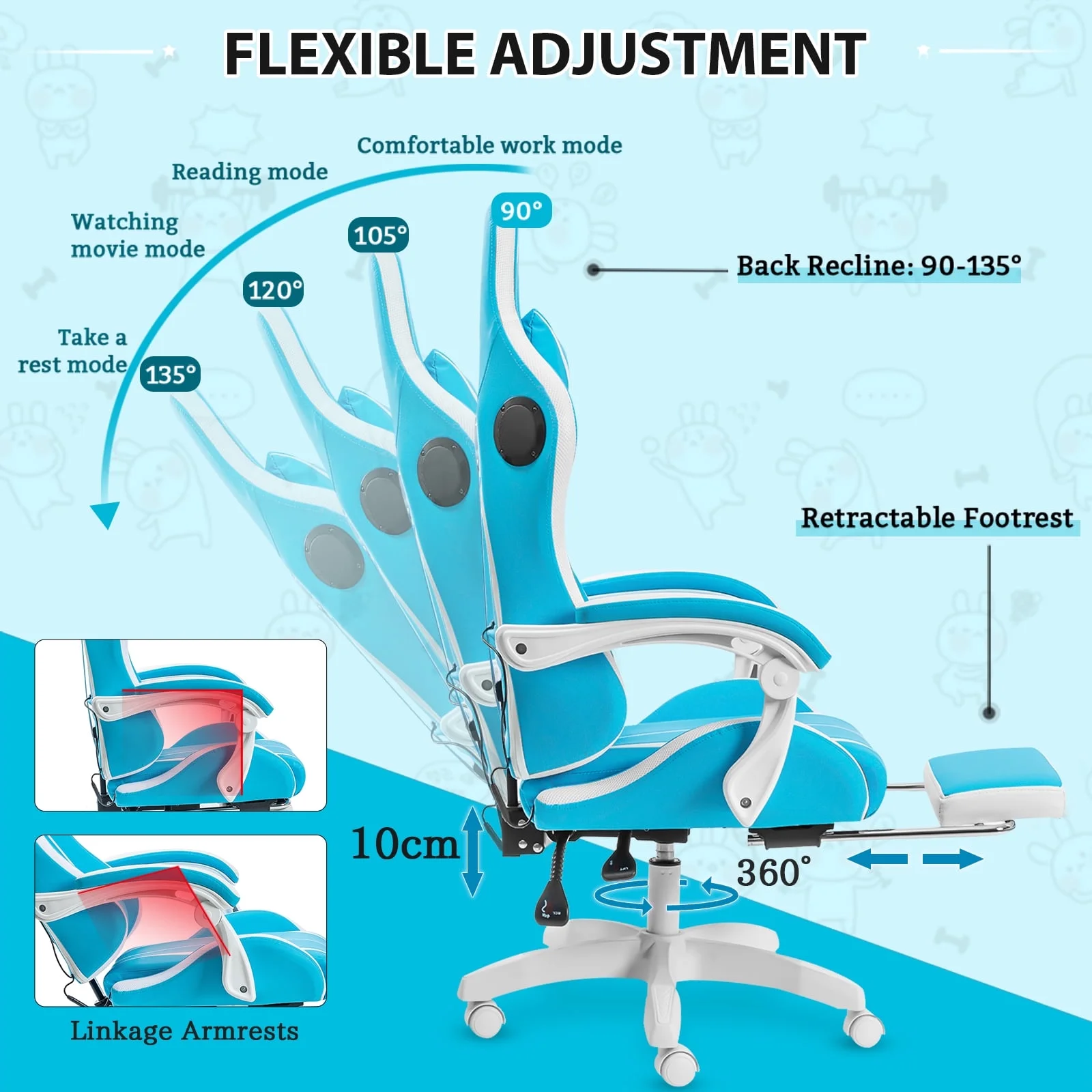 Hoffree Gaming Chair with Speakers PU Leather Office Chair with Footrest and LED Lights Ergonomic Gamer Chair with Massage Lumbar Support and Headrest Adjustable Swivel for Home Office 300lb
