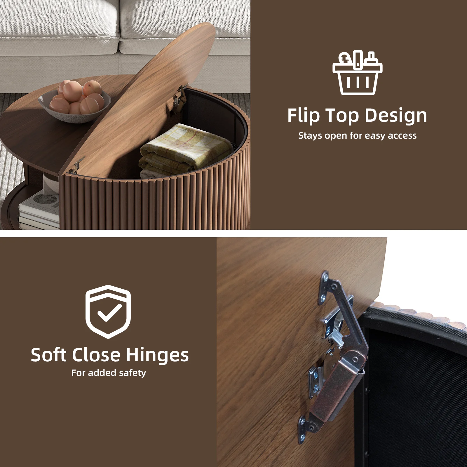 JOINICE Round Coffee Table with Storage and Sliding Door,Mid Century Modern Wooden Center Table,for Living Room,Walnut