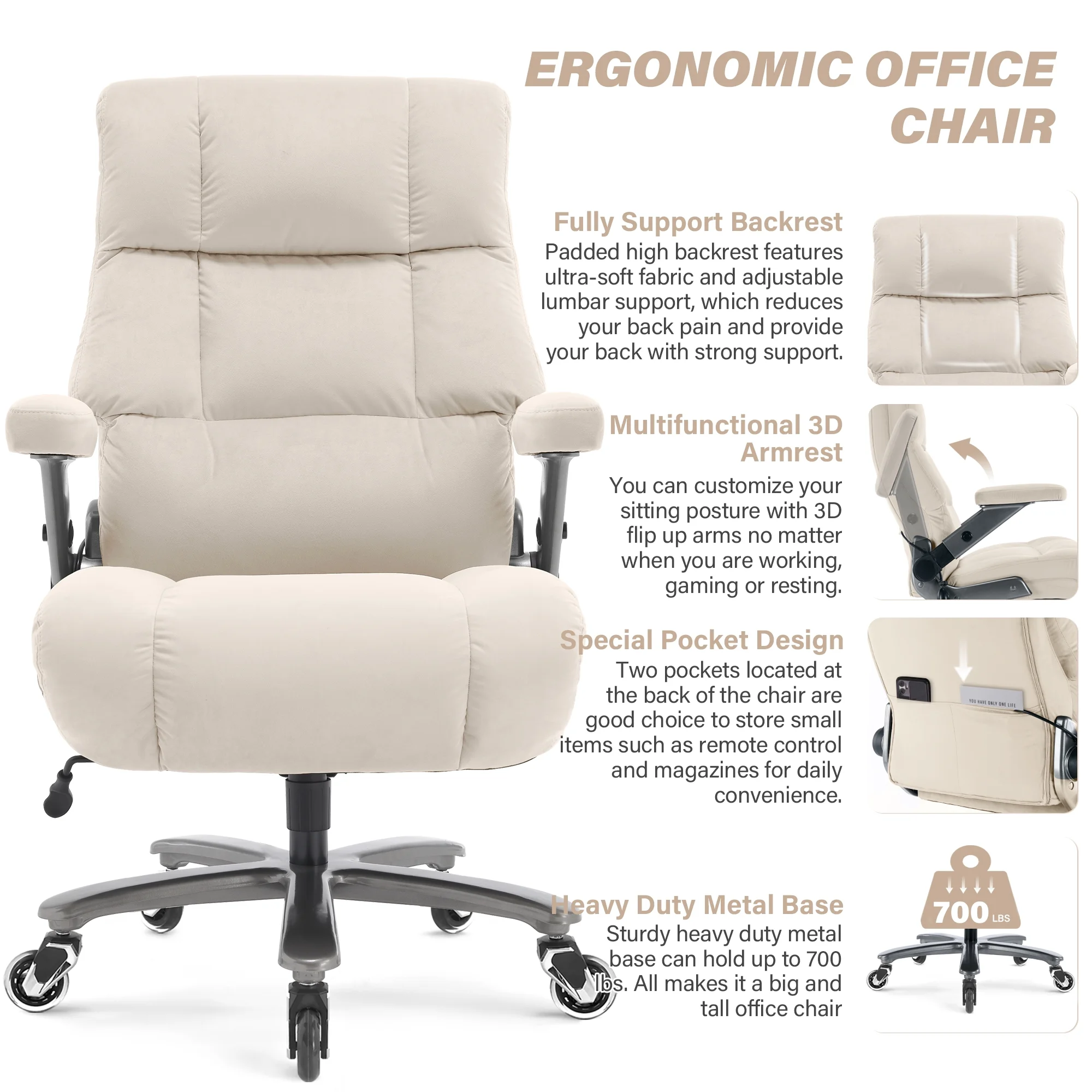 Big and Tall 700lbs Office Chair, Ultra-Soft Fabric Executive Desk Chair, Ergonomic Computer Chair with 3D Flip Up Arms, Adjustable Lumbar Support, Heavy Duty Metal Base and Quiet Rubber Wheel, Black