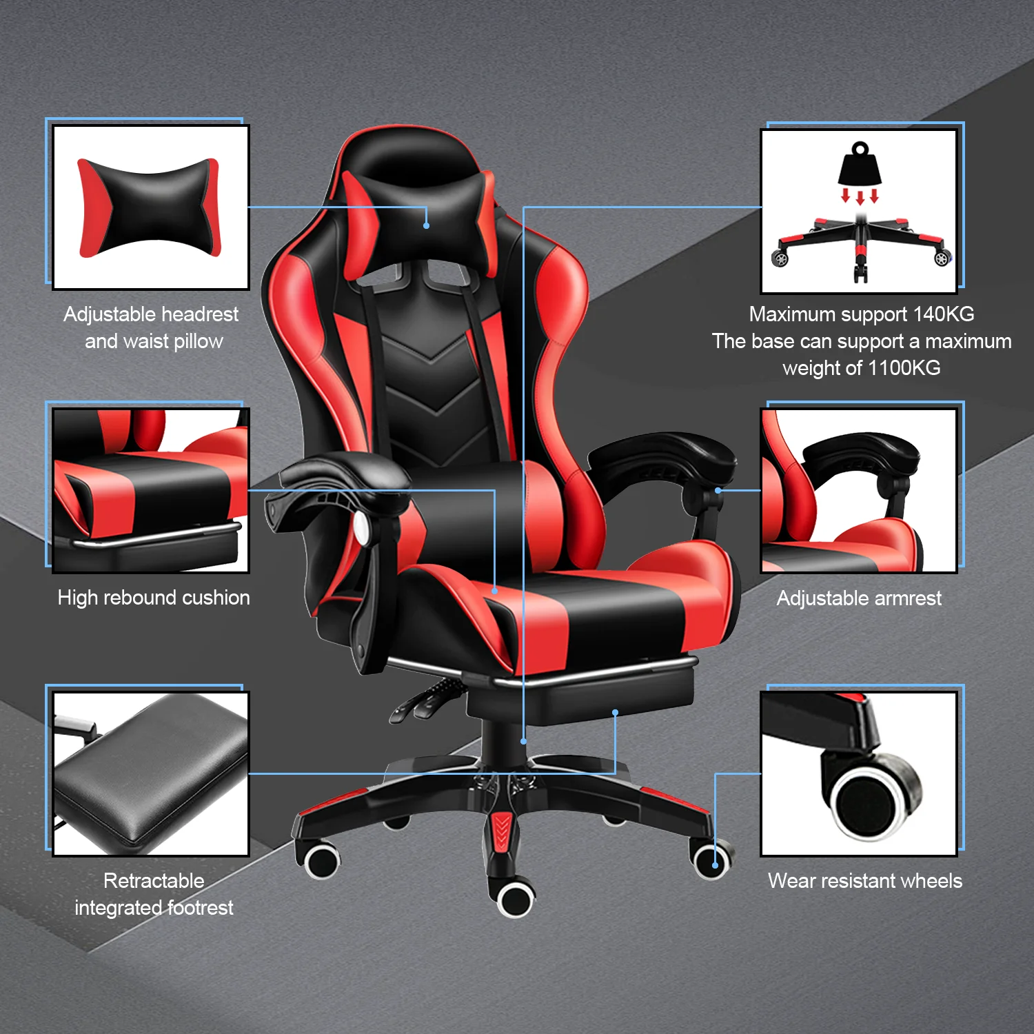 Gaming Chair with Adjustable Footrest,Eighteentek High Back Office Chair with Lumbar Support & Adjustable Headrest Video Game Chairs for Adults Black