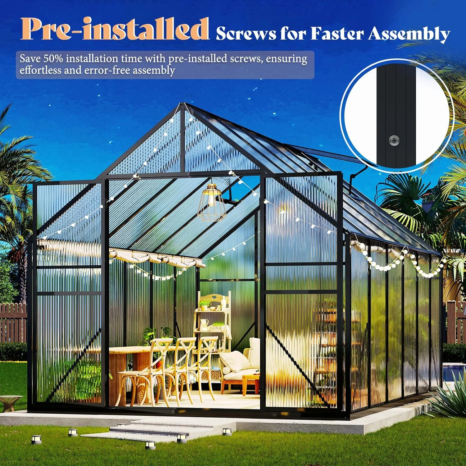 Jocisland 8x8x7 FT Polycarbonate Walk-In Greenhouse with Aluminum Frame, 2 Top-Opening Windows & 2 Swing Doors, Heavy Duty for Outdoor Garden Use, Black