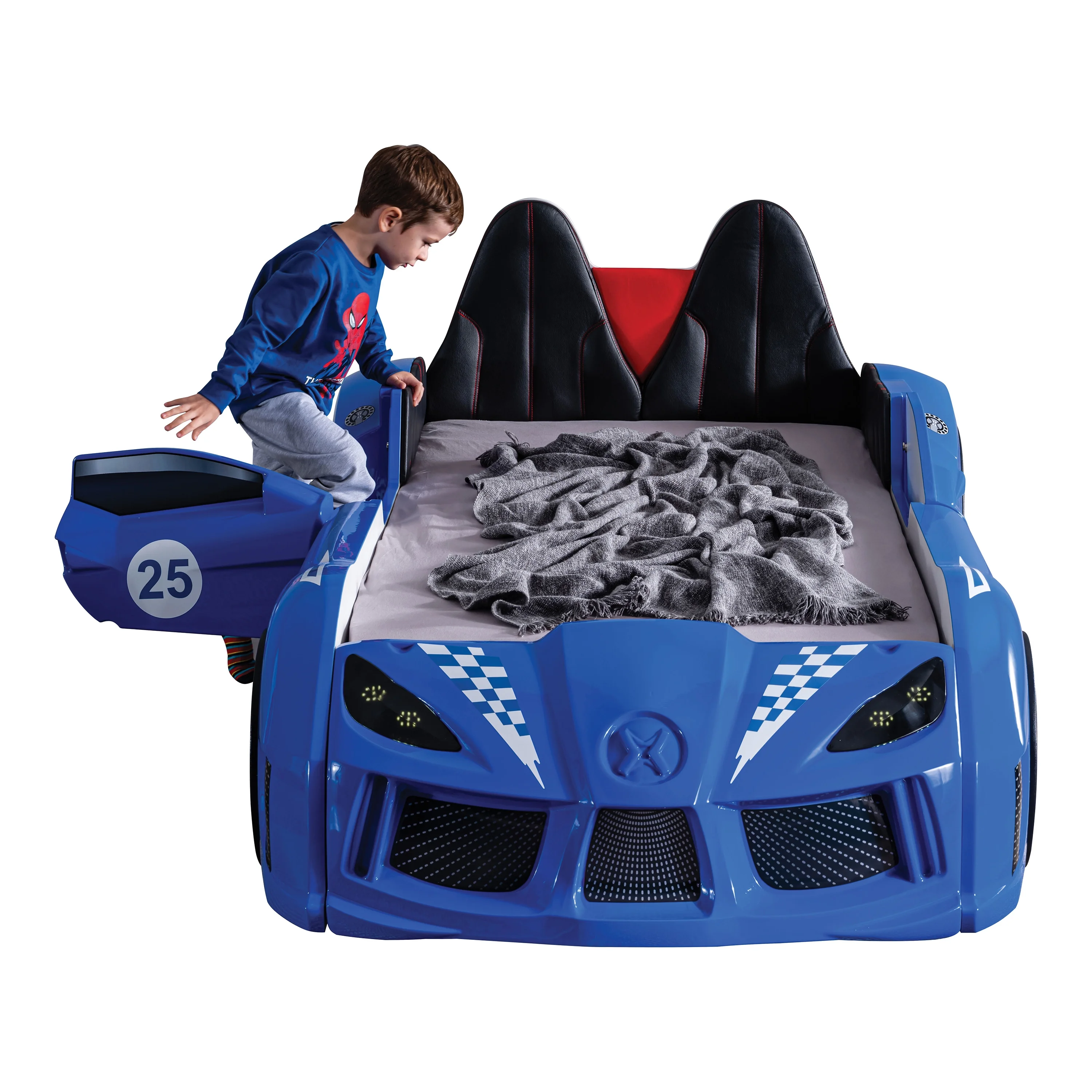 Furniture of America Dash Kids Plastic Twin Race Car Bed with LED and Sound, White