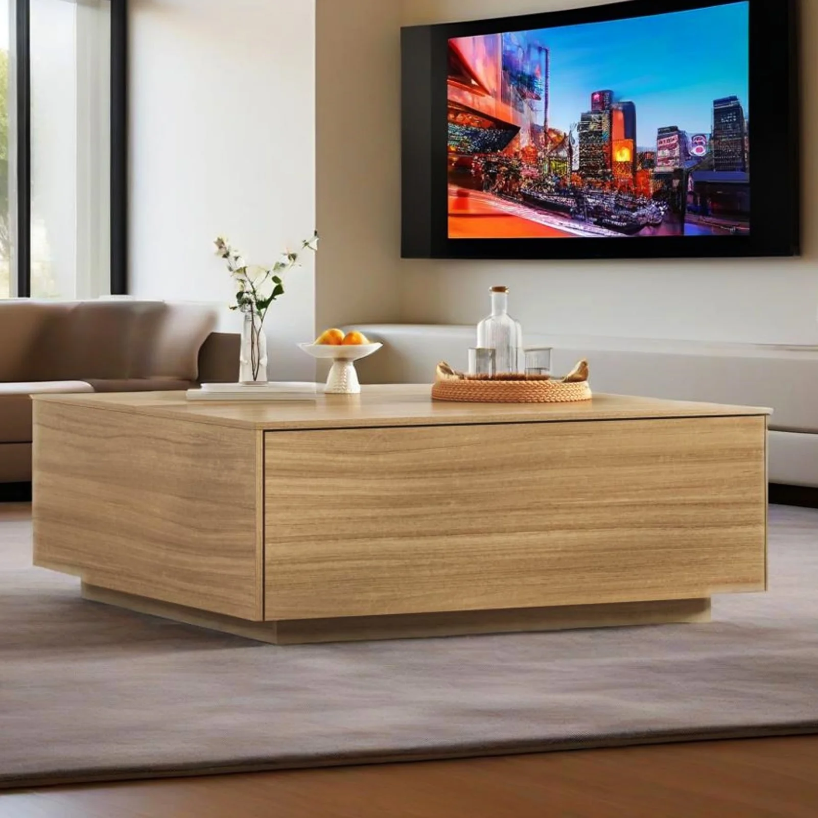 Blotout Square Coffee Table with 2 Large Drawers, 43