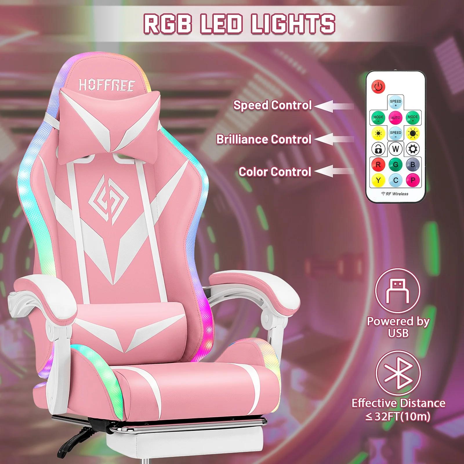 Hoffree Gaming Chair with Speakers PU Leather Office Chair with Footrest and LED Lights Ergonomic Gamer Chair with Massage Lumbar Support and Headrest Adjustable Swivel for Home Office 300lb