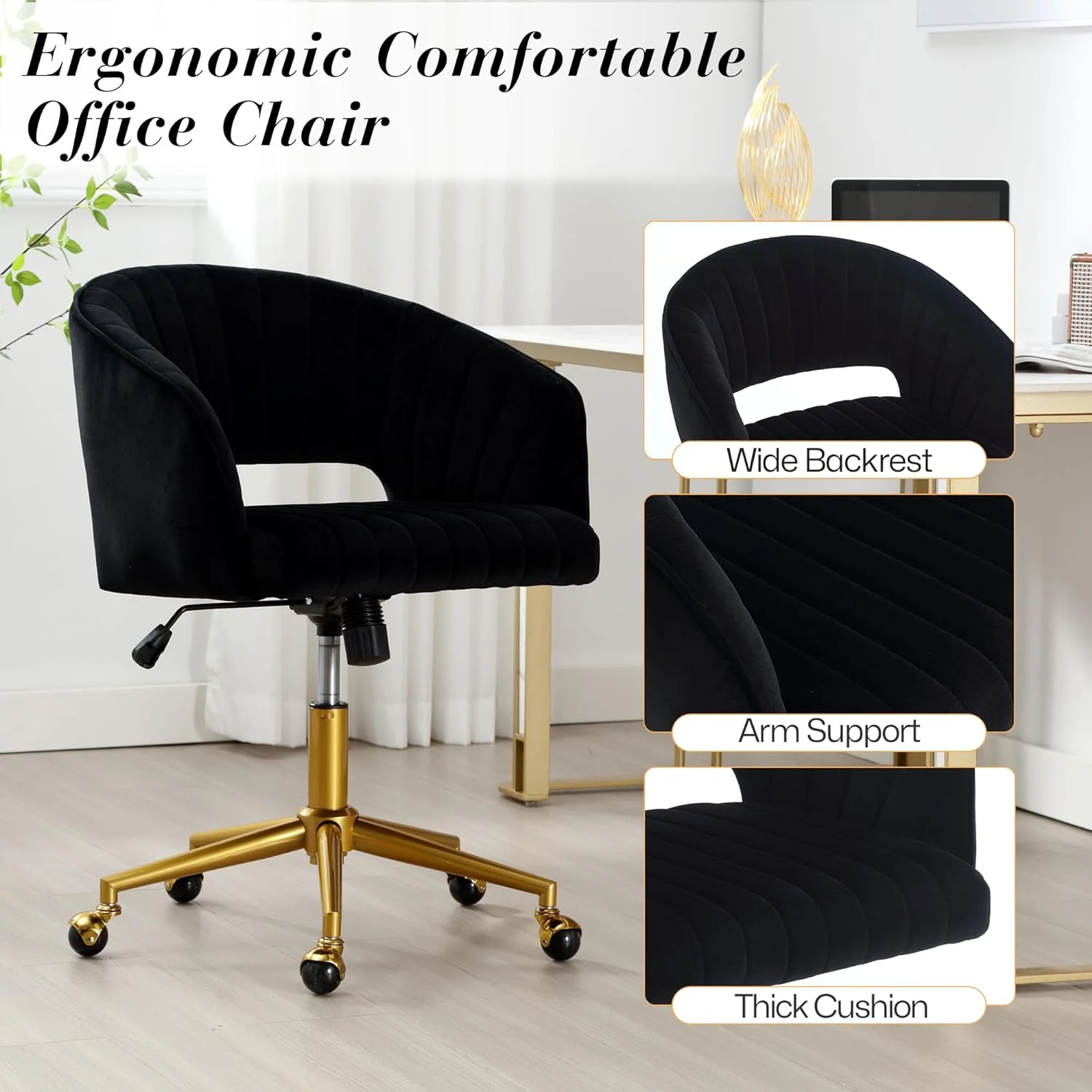 Home Office Swivel Desk Chair, Modern Velvet Vanity Chair, Height Adjustable Armchair with Gold Base, Ergonomic Office Chair for Task Study Computer Room, Beige