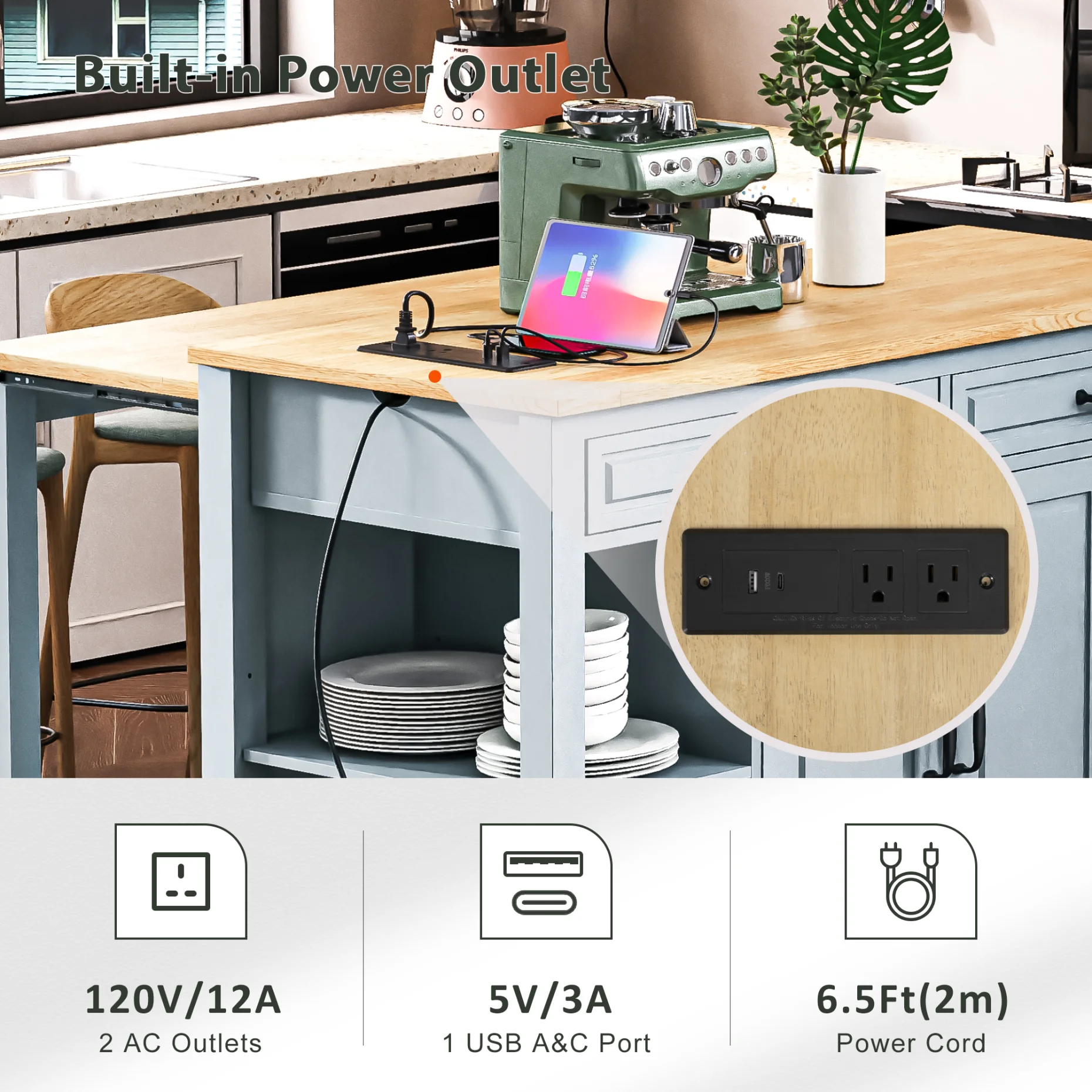 Kitchen Island with Extendable Table and Power Outlet, Wood Kitchen Rolling Cart with 2 Drawers & 2 Cabinets, Internal Storage Rack and Adjustable Shelf, Grey Blue