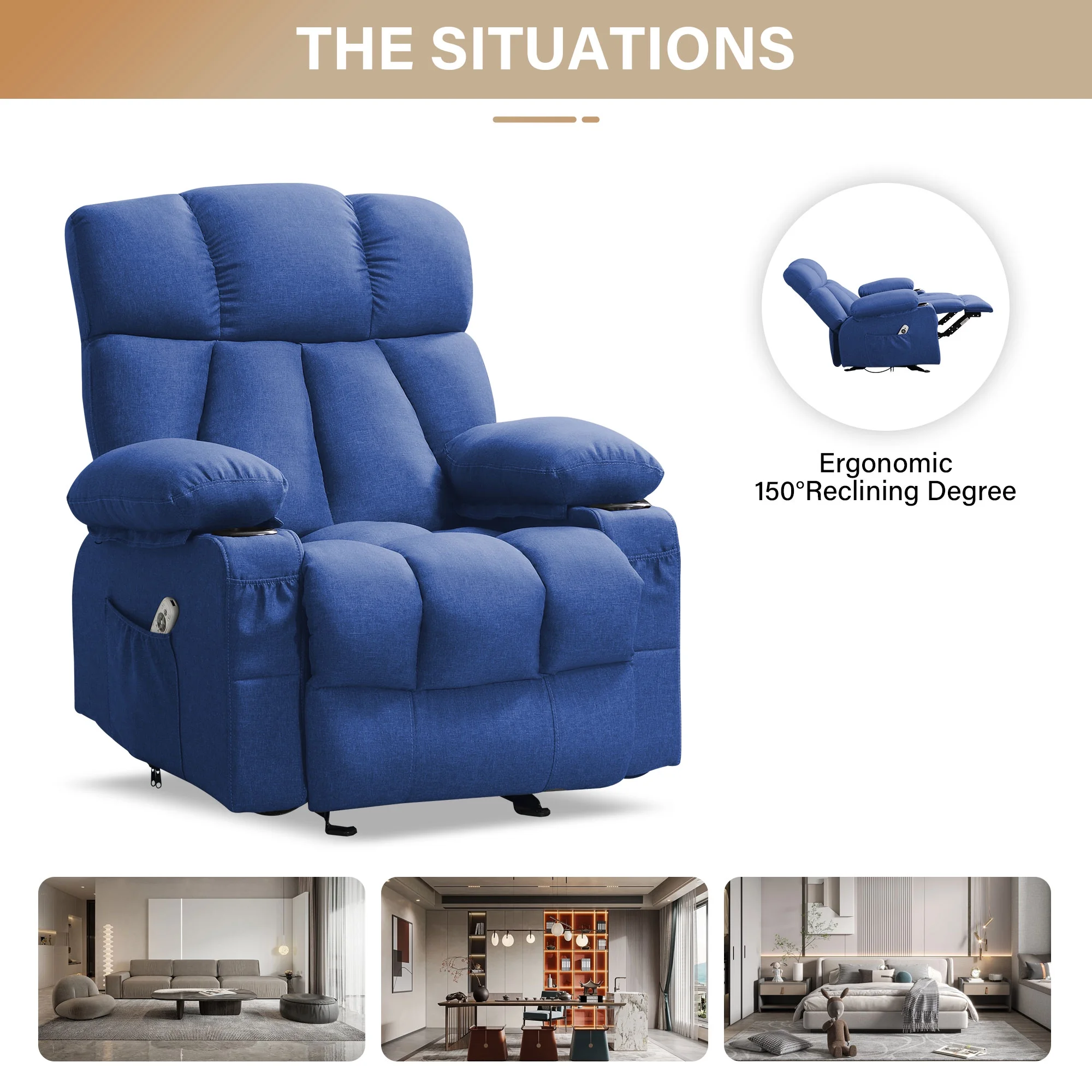 JONPONY Manual Recliner Chair with Heat Therapy and Massage Function, Heavy Duty Reclining Mechanism Massage Chair, Elderly Single Rocker Sofa with Cup Holders for Bedroom Home Theater,Grey