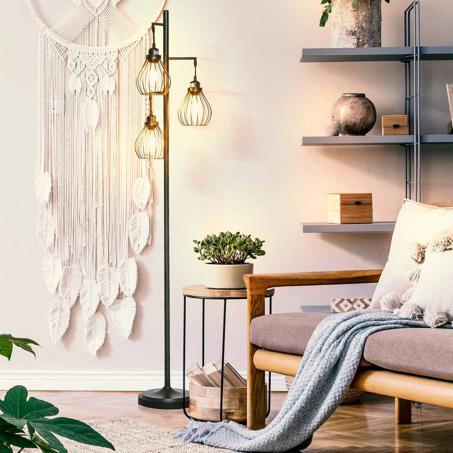 Brightech Teardrop Standing Floor LED Light Lamp Pole with 3 Cage Heads, Black