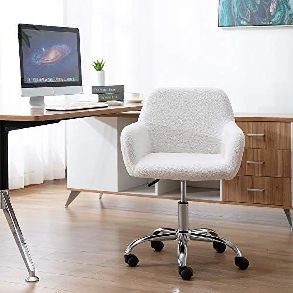 Modern Faux Fur Home Office Chair Height Adjustable, White Desk Chair Vanity Chair for Makeup Room, Rolling Desk Chairs with Wheels, Swivel Furry Cute Desk Chair for Teen Girls Women