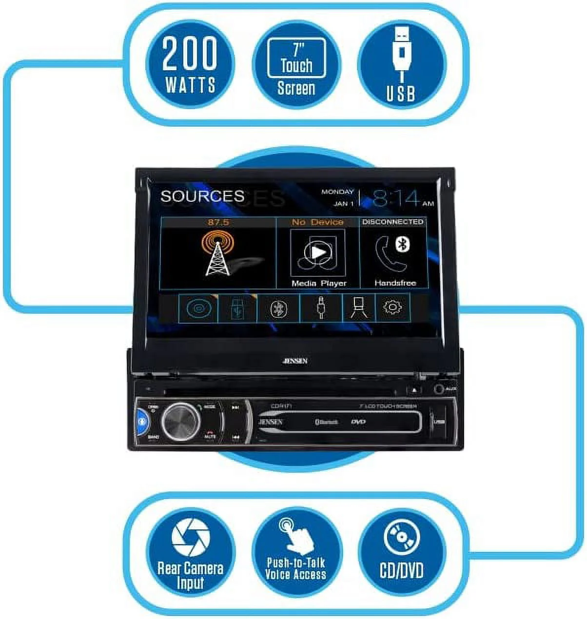 JENSEN CDR171 7 inch Single DIN Car Stereo Radio | AM/FM Motorized Flip Out LED Media Touch Screen