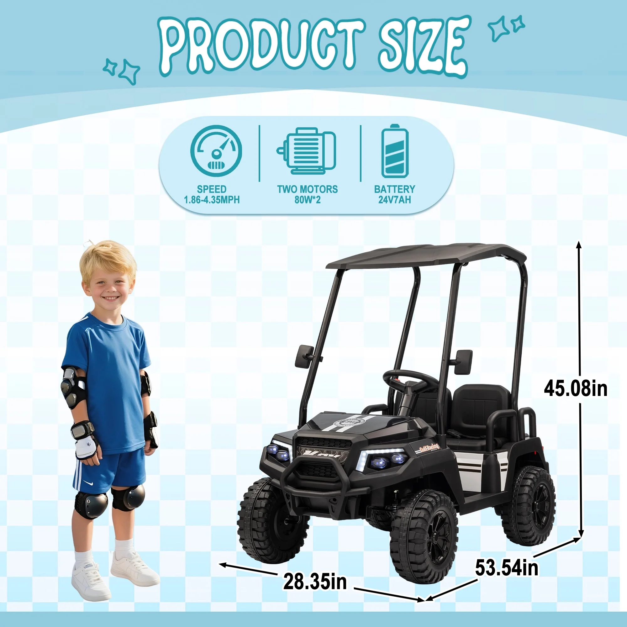 24V XL Kids Ride on Golf Cart, Electric Car w/Remote Control, Detachable Awning, 4 Seats, 3 Speeds, LED Lights, Spring Suspension, Bluetooth, Audio, Blue