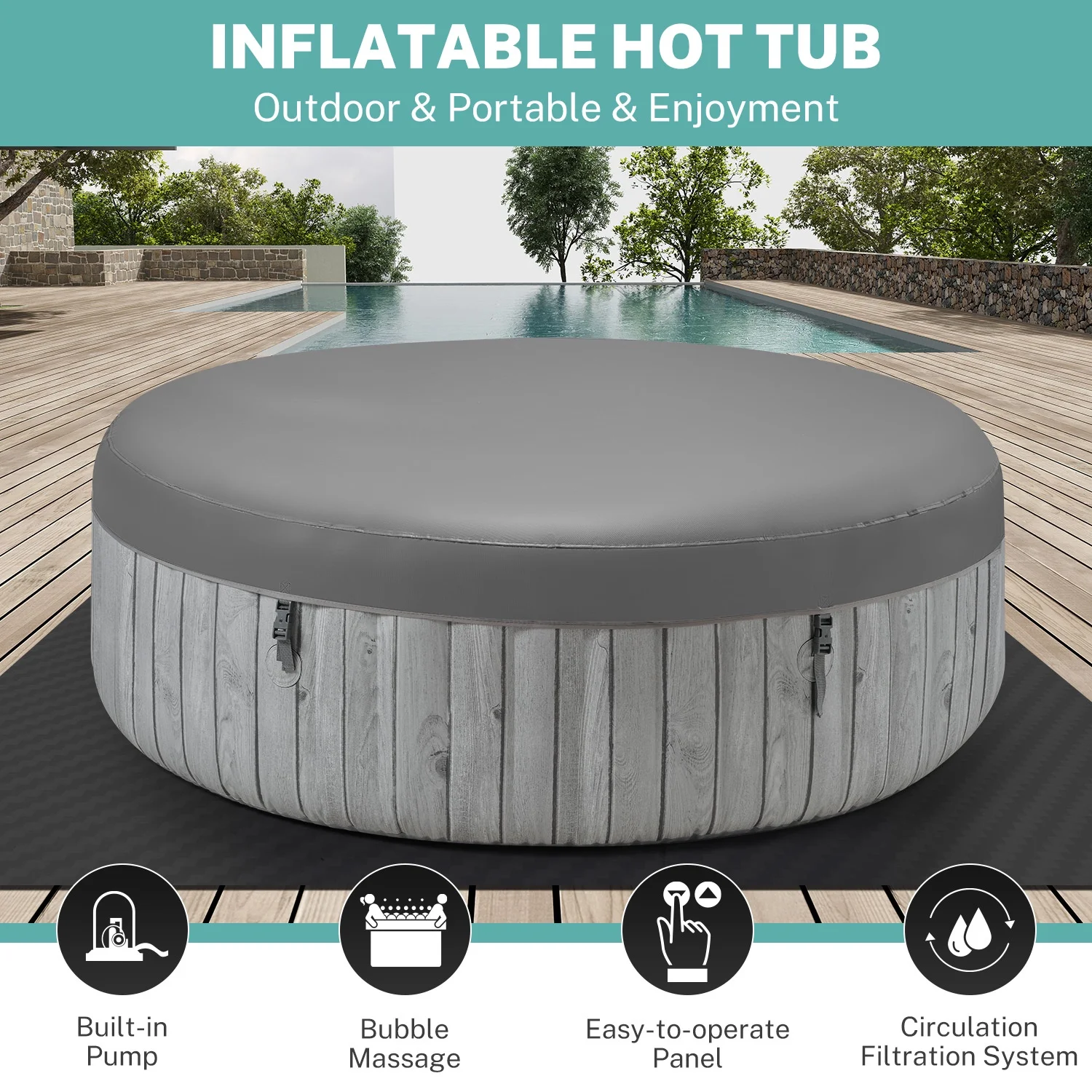 6-8 Person Portable Hot Tub, 82in Inflatable Home Spa Tub with Cup Holders, 4 Filters, 130 Massage Jets, Patio Hot Tub with Storage Bag Lockable Cover Floor Mat, Max 104℉