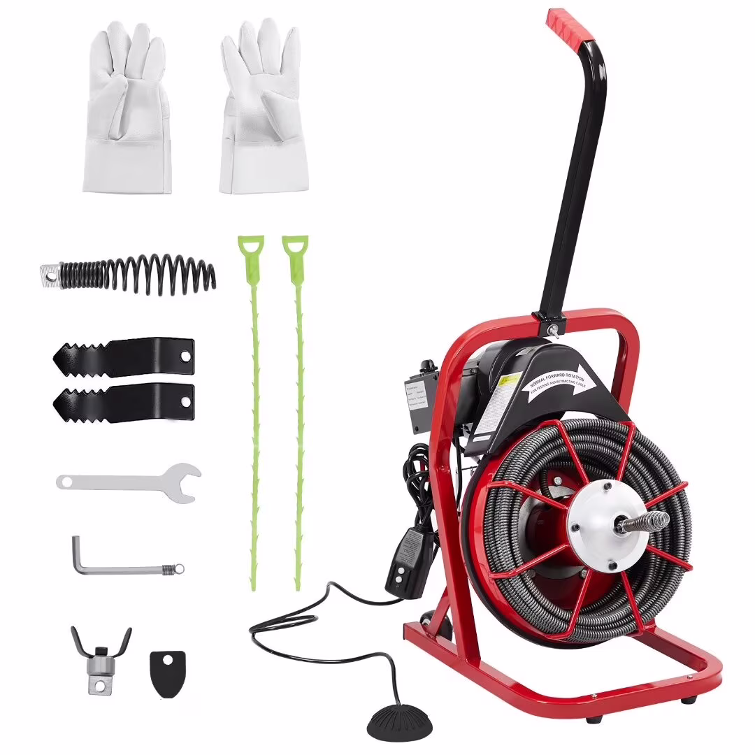 Drain Cleaner Machine 75 Ft X 1/2 Inch, Professional Electric Drain Auger Sewer Auger fits 1 to 4 Inch Pipes, Portable Electric Drain Snake with 4 Cutters & Foot Switch and Gloves