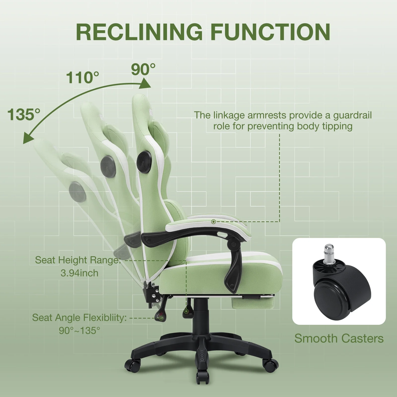 Hoffree Gaming Chair with Speakers Fabric Gamer Chair with footrest and massage Big and Tall Video Game Chair with Headrest and Lumbar Support for Adults